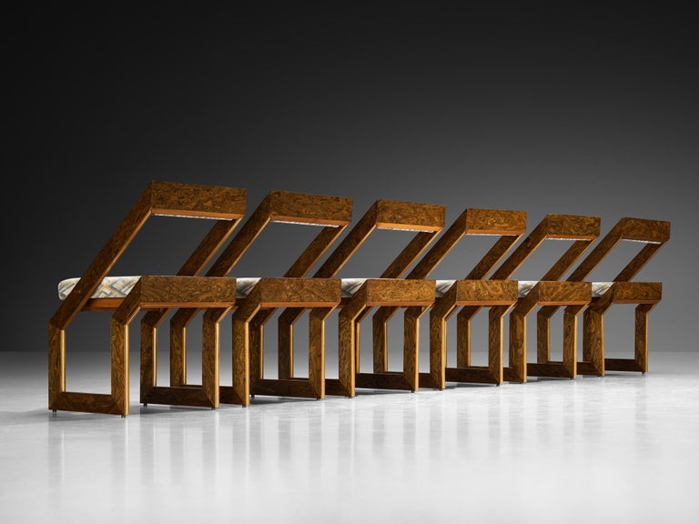 Set of Six 1970s Sculptural Geometric Chairs in Briar Wood and Brass