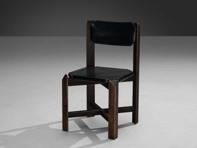 1970s Sturdy Dining Chair in Black Leather & Wood with Architectural Design