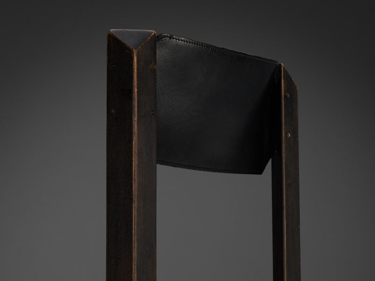 1970s Sturdy Dining Chair in Black Leather & Wood with Architectural Design