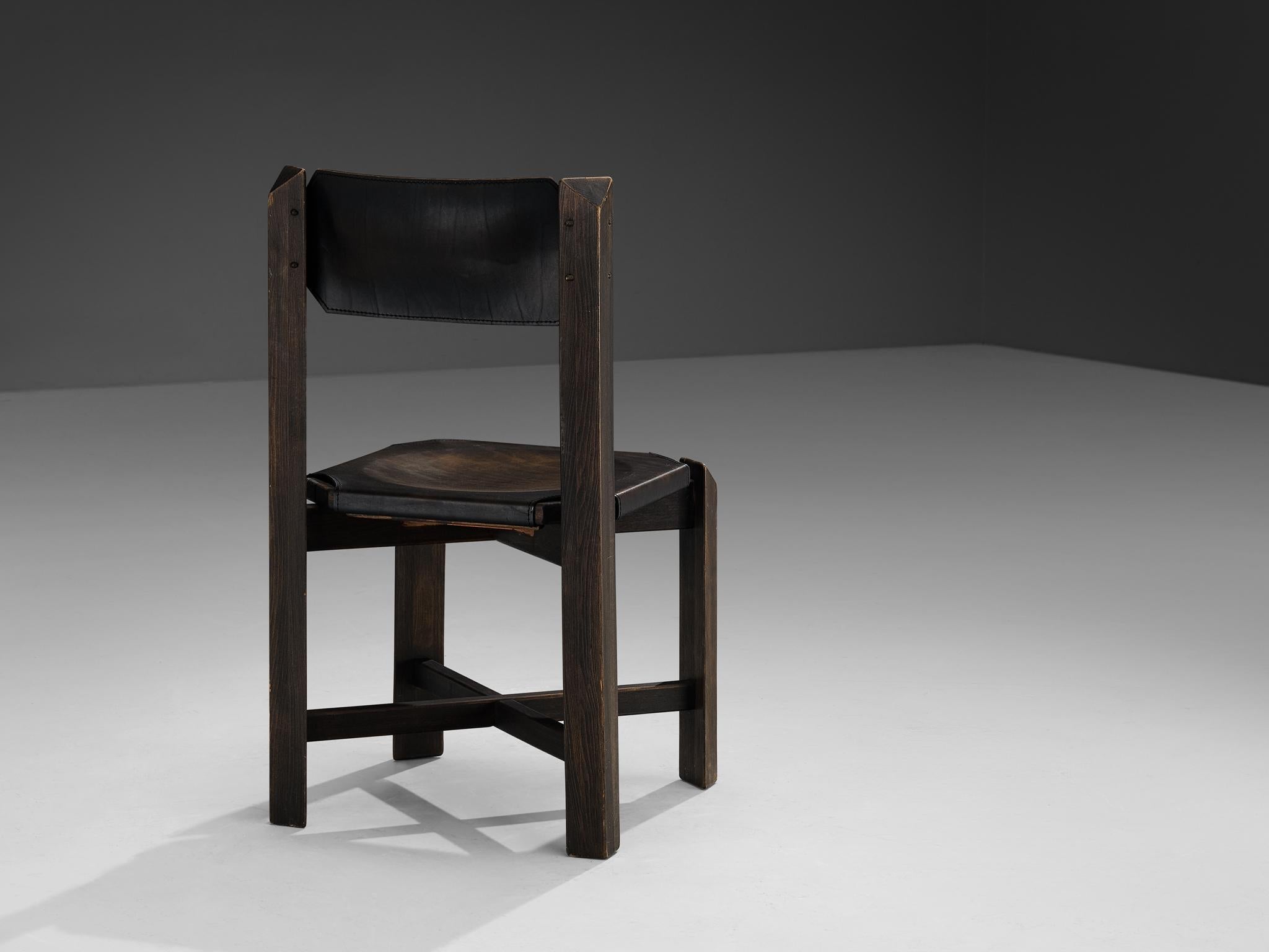 1970s Sturdy Dining Chair in Black Leather & Wood with Architectural Design