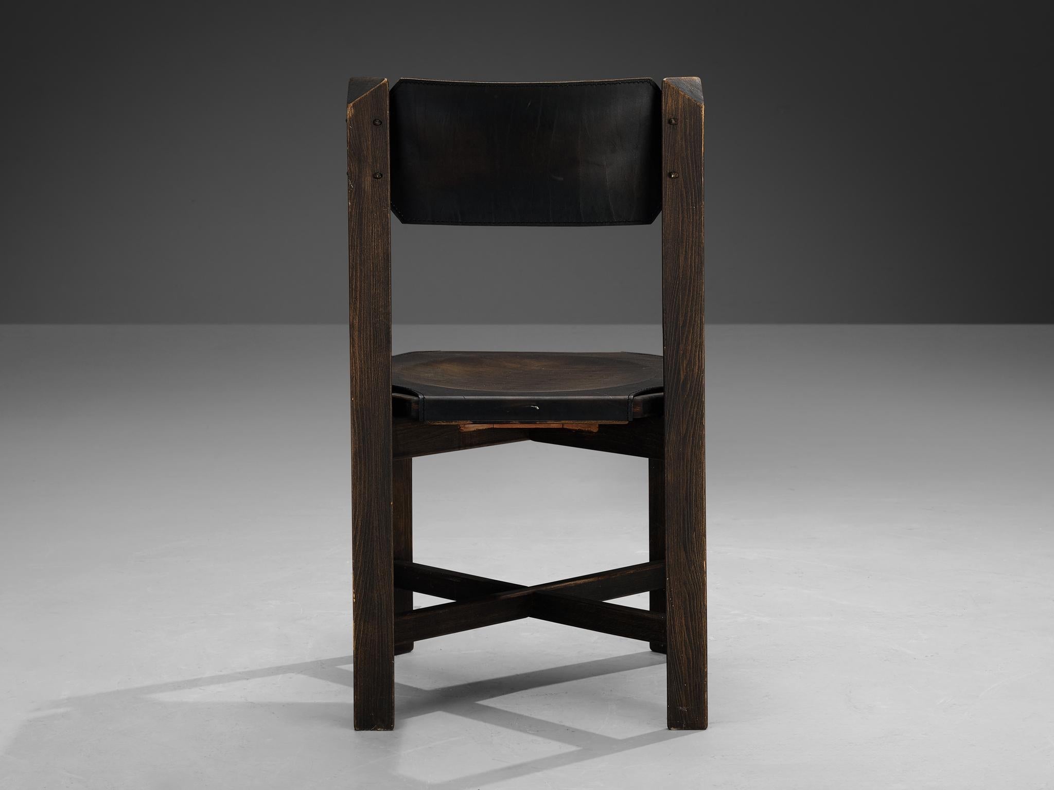 1970s Sturdy Dining Chair in Black Leather & Wood with Architectural Design