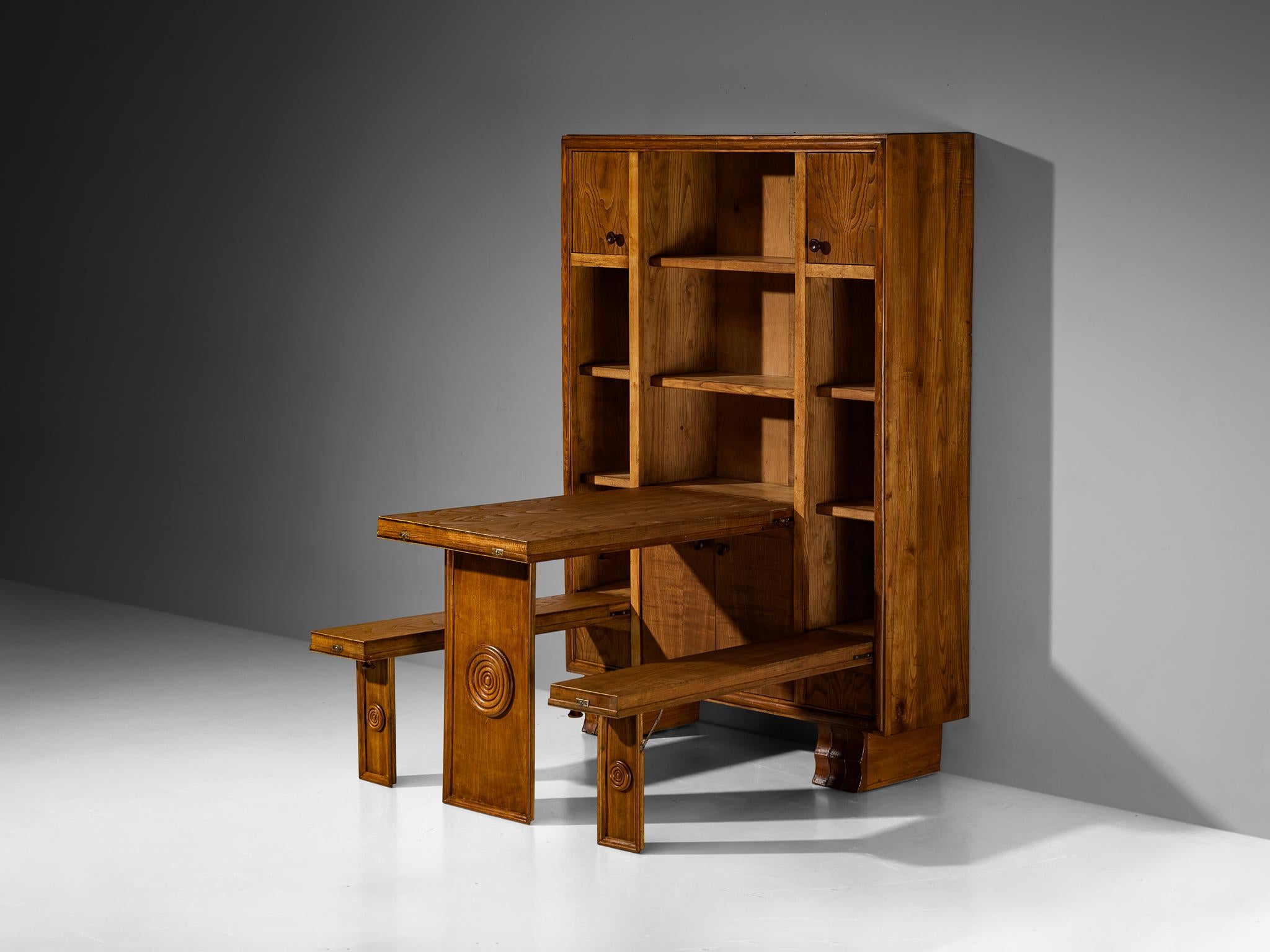 Art Deco Italian Fold-Out Cabinet with Table and Benches in Chestnut