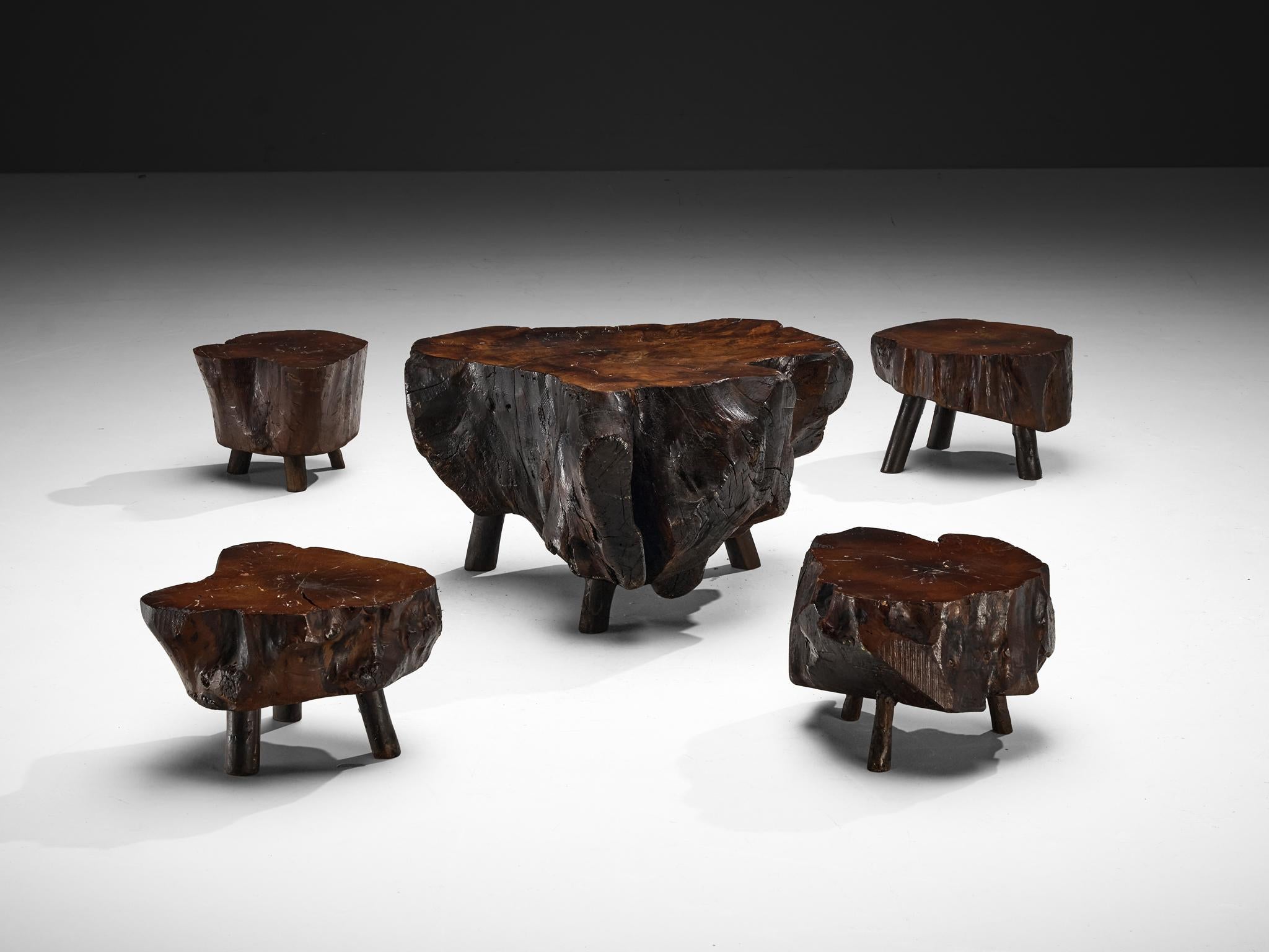 Naturalistic Tree Slab Low Table and Stools