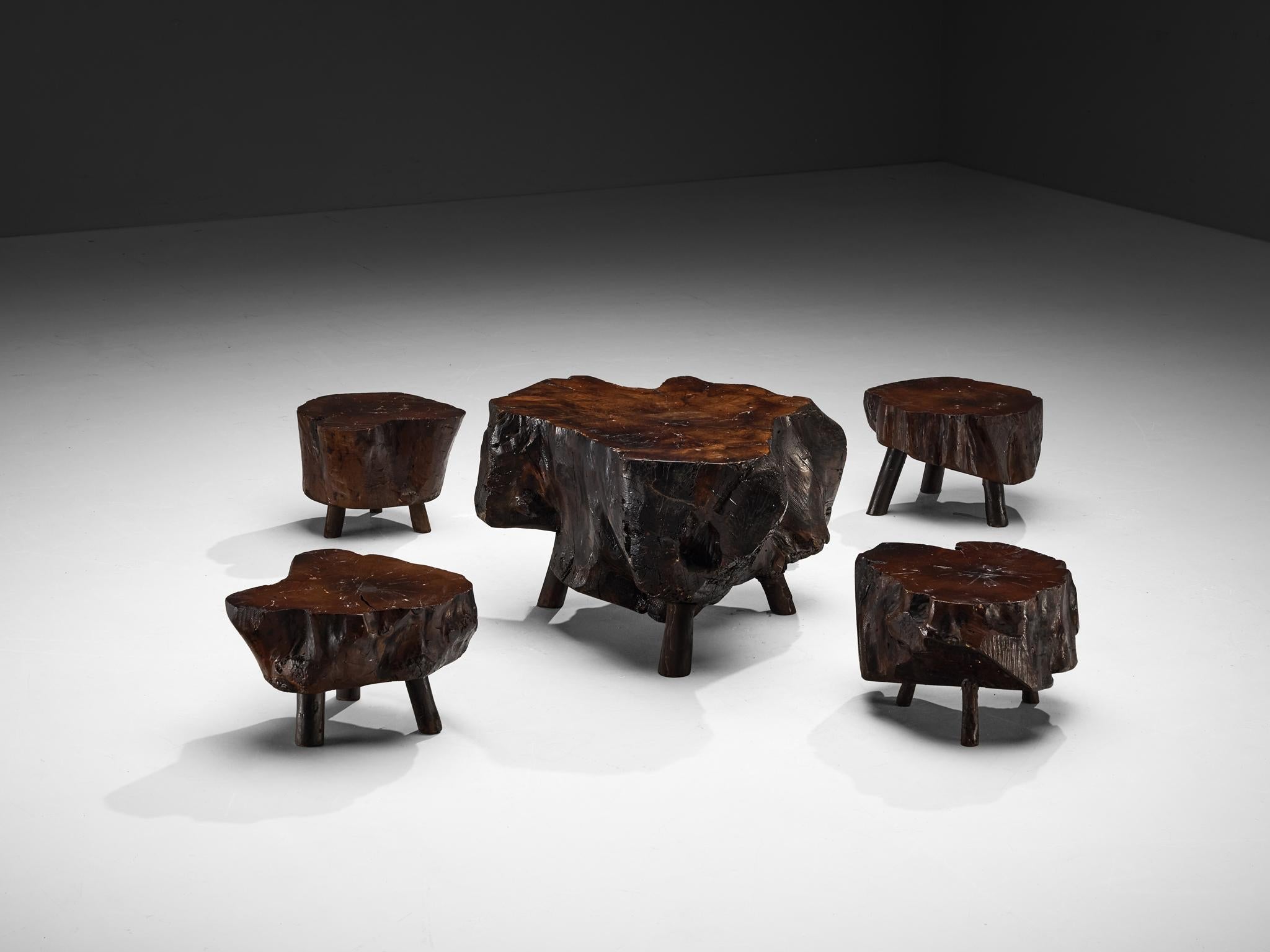 Naturalistic Tree Slab Low Table and Stools