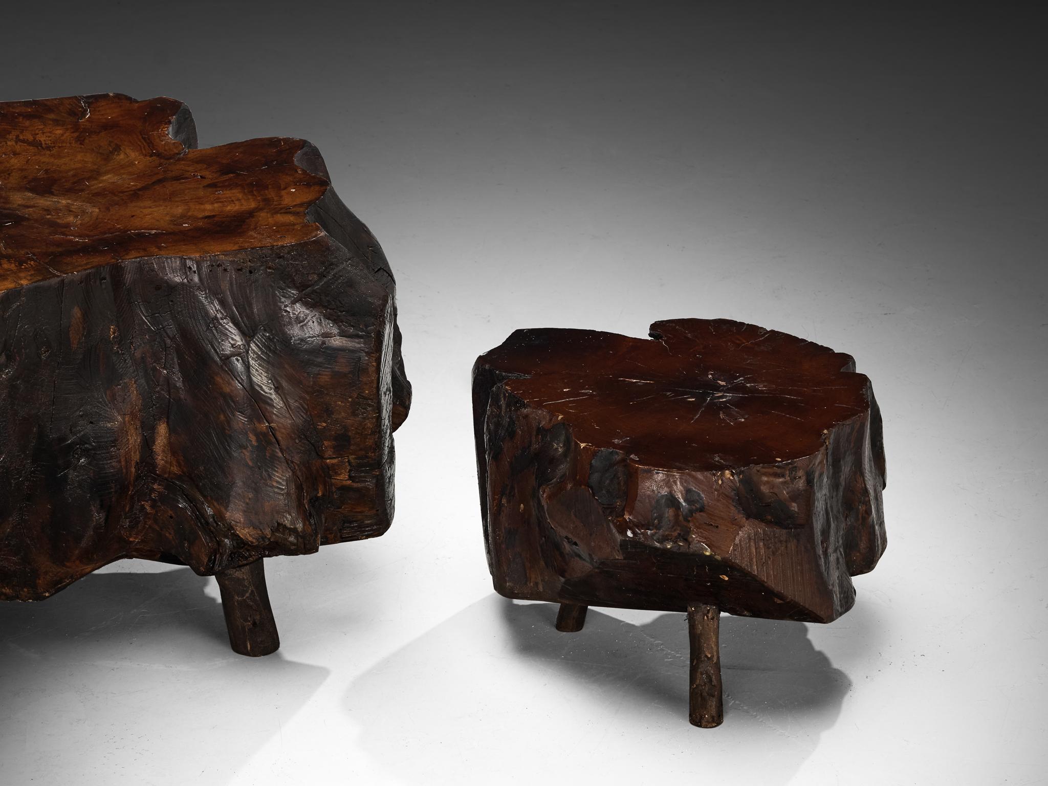 Naturalistic Tree Slab Low Table and Stools