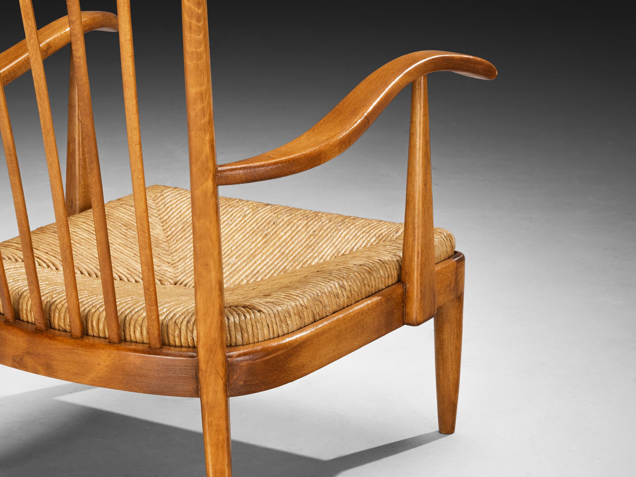 Elegant Italian Lounge Chairs in Wood and Straw 1950s