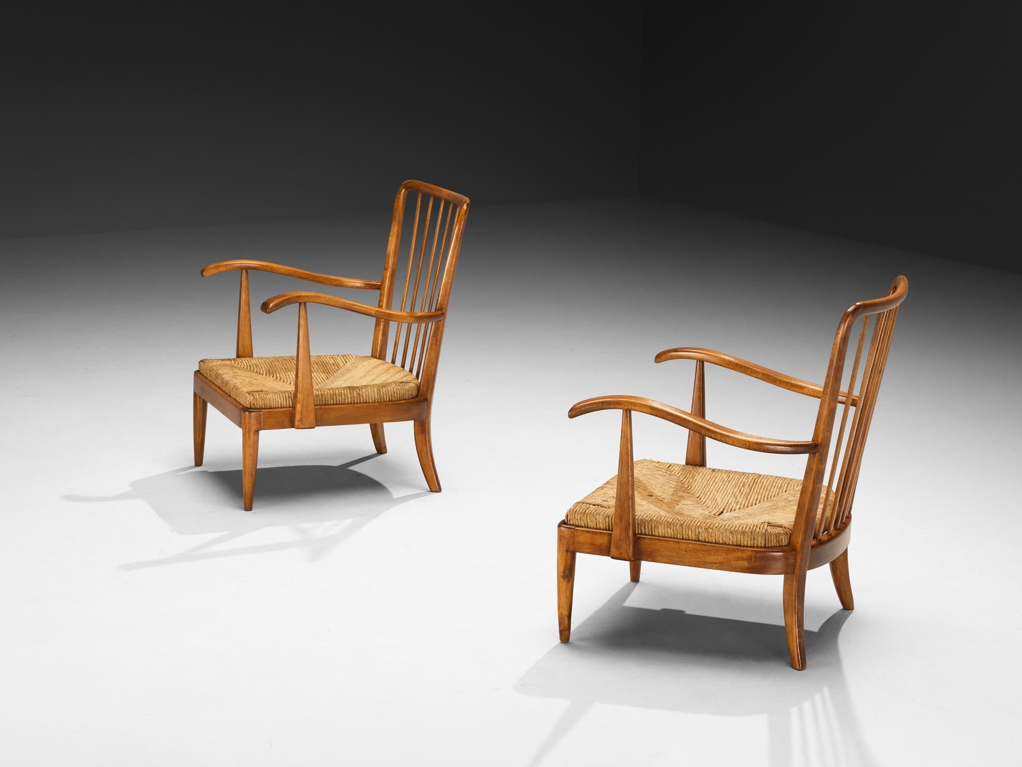 Elegant Italian Lounge Chairs in Wood and Straw 1950s