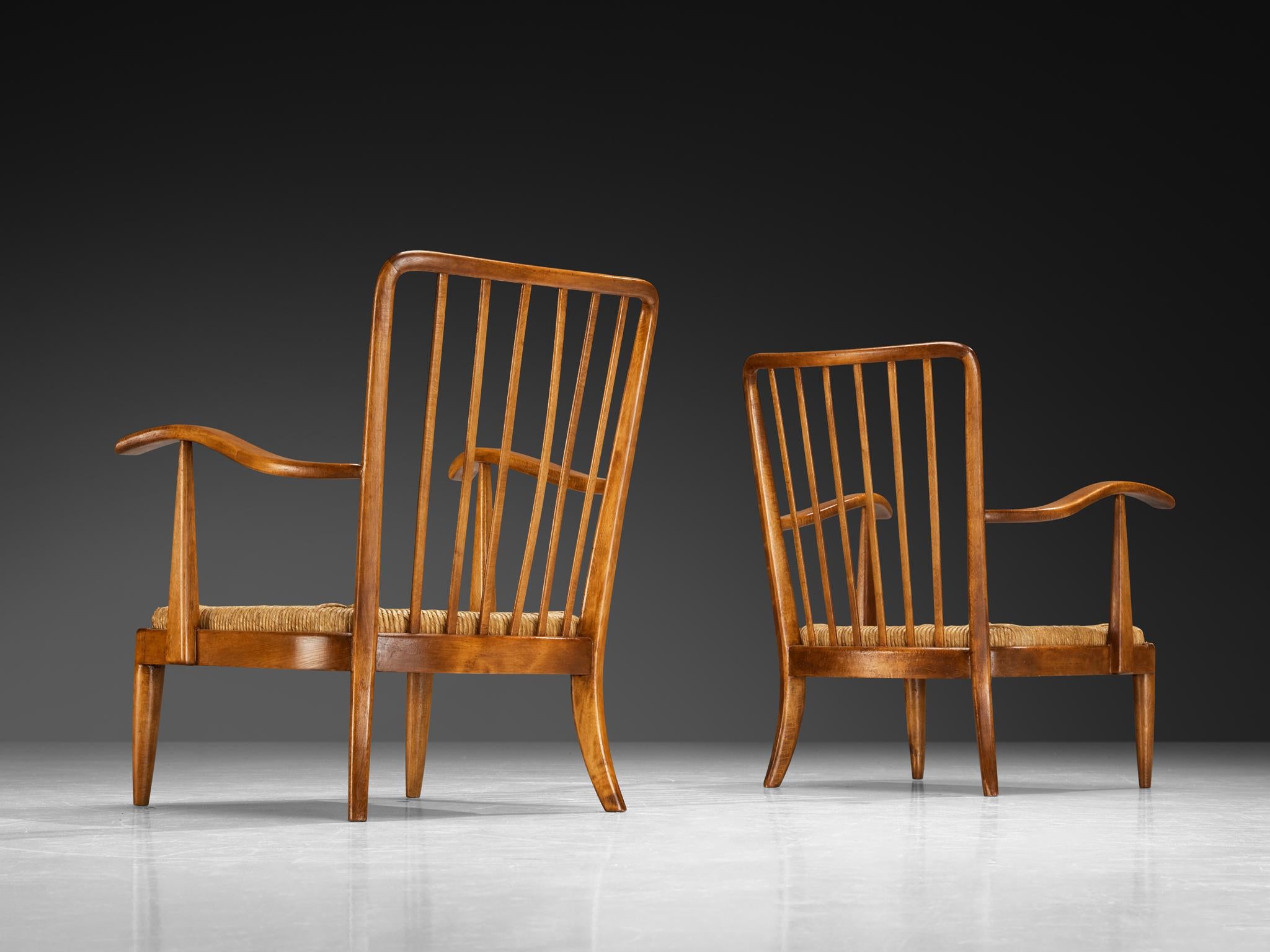 Elegant Italian Lounge Chairs in Wood and Straw 1950s