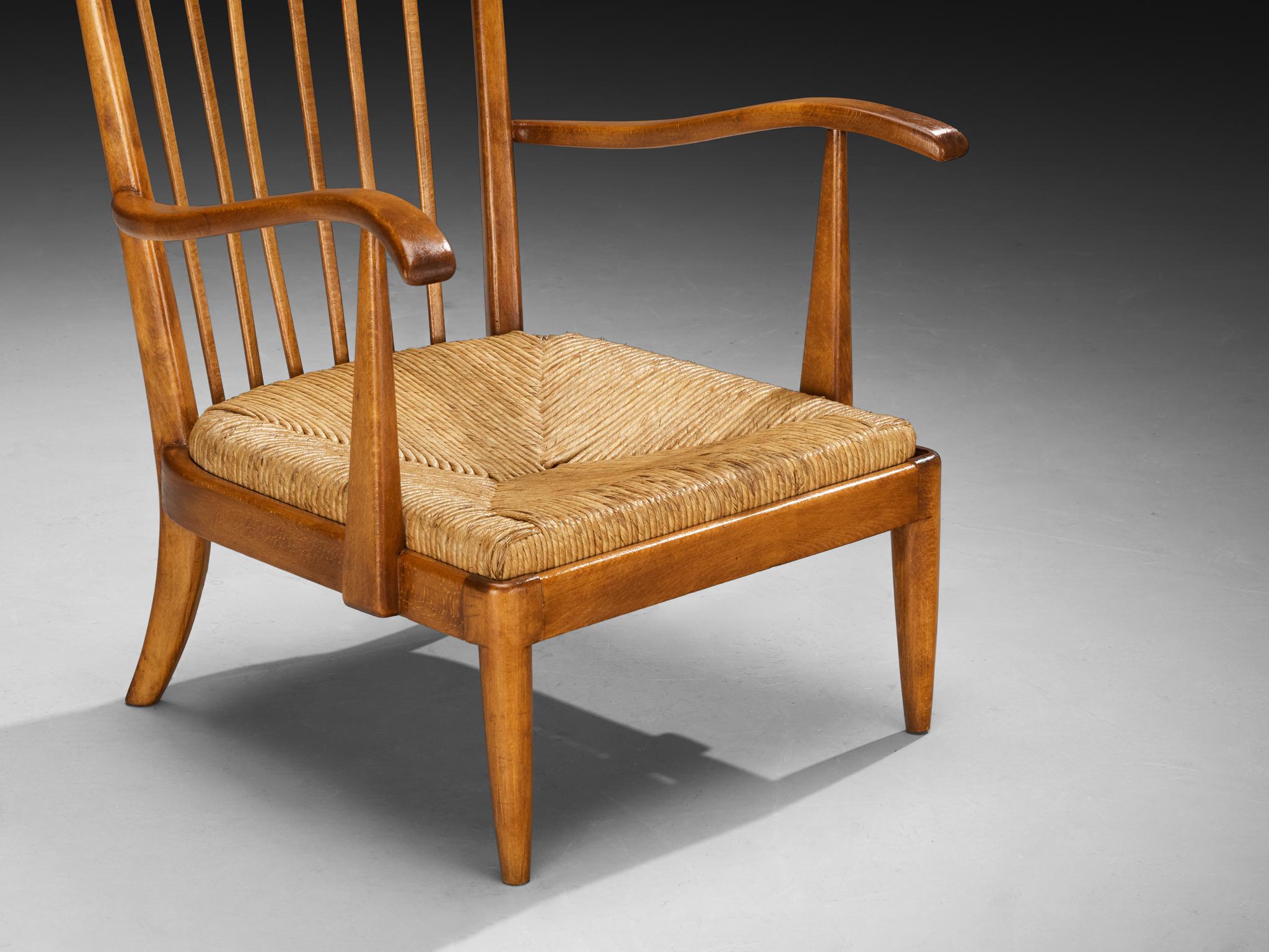 Elegant Italian Lounge Chairs in Wood and Straw 1950s