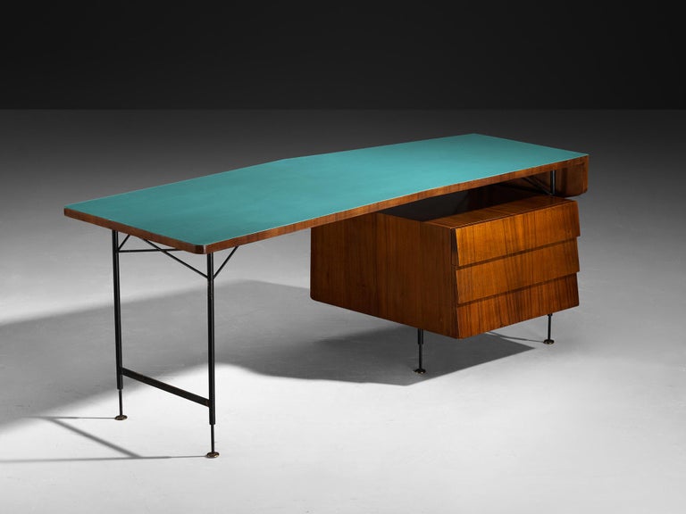 Merighi & Dall'Olmo Italian Desk in Teak, Iron and Turquoise Blue Top 1950s