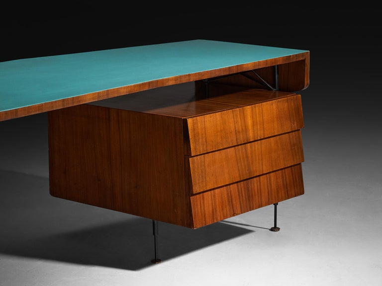 Merighi & Dall'Olmo Italian Desk in Teak, Iron and Turquoise Blue Top 1950s