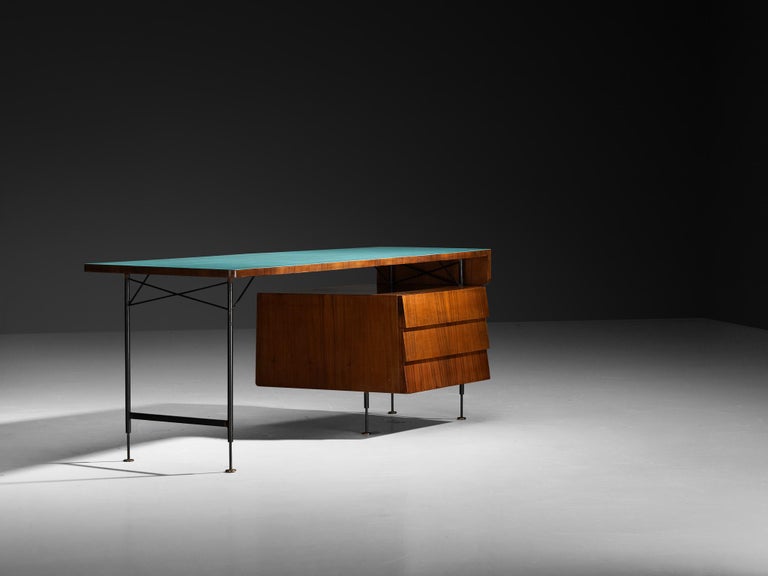 Merighi & Dall'Olmo Italian Desk in Teak, Iron and Turquoise Blue Top 1950s