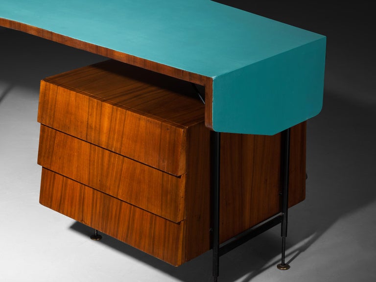 Merighi & Dall'Olmo Italian Desk in Teak, Iron and Turquoise Blue Top 1950s