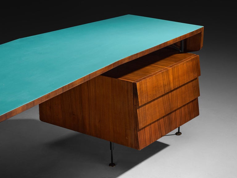 Merighi & Dall'Olmo Italian Desk in Teak, Iron and Turquoise Blue Top 1950s