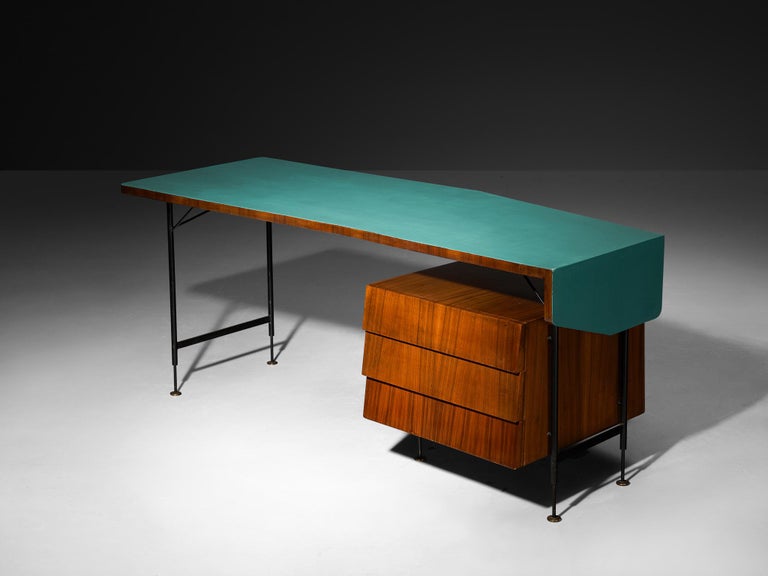 Merighi & Dall'Olmo Italian Desk in Teak, Iron and Turquoise Blue Top 1950s