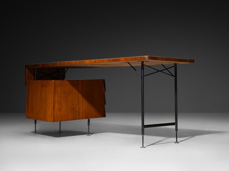 Merighi & Dall'Olmo Italian Desk in Teak, Iron and Turquoise Blue Top 1950s