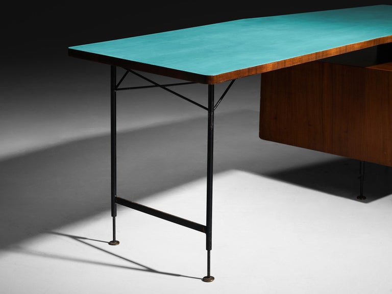 Merighi & Dall'Olmo Italian Desk in Teak, Iron and Turquoise Blue Top 1950s