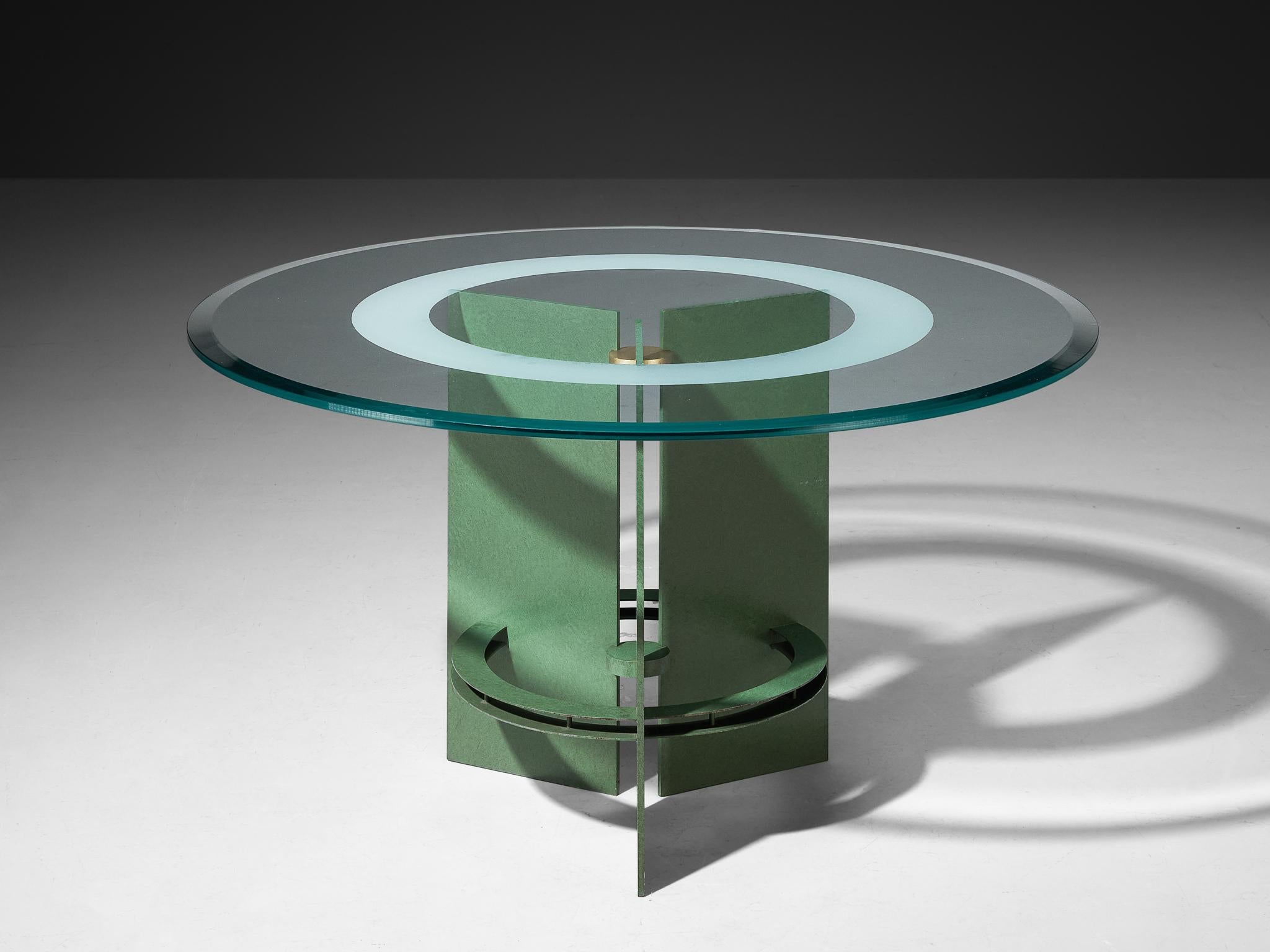 Art Deco Inspired Dining Table in Glass and Green Lacquered Steel