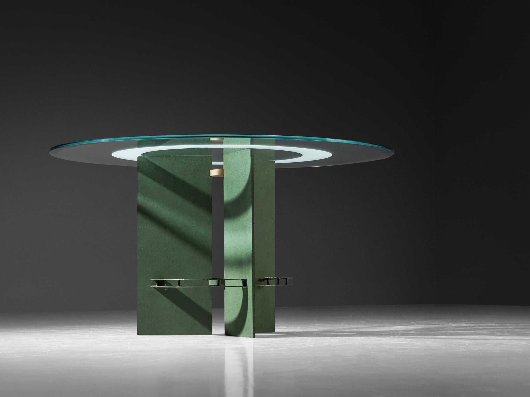 Art Deco Inspired Dining Table in Glass and Green Lacquered Steel