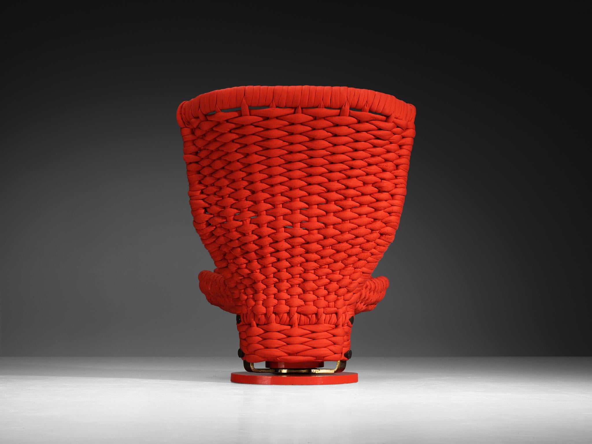 Marzio Cecchi Sculptural Swivel Lounge Chair in Red Braided Upholstery