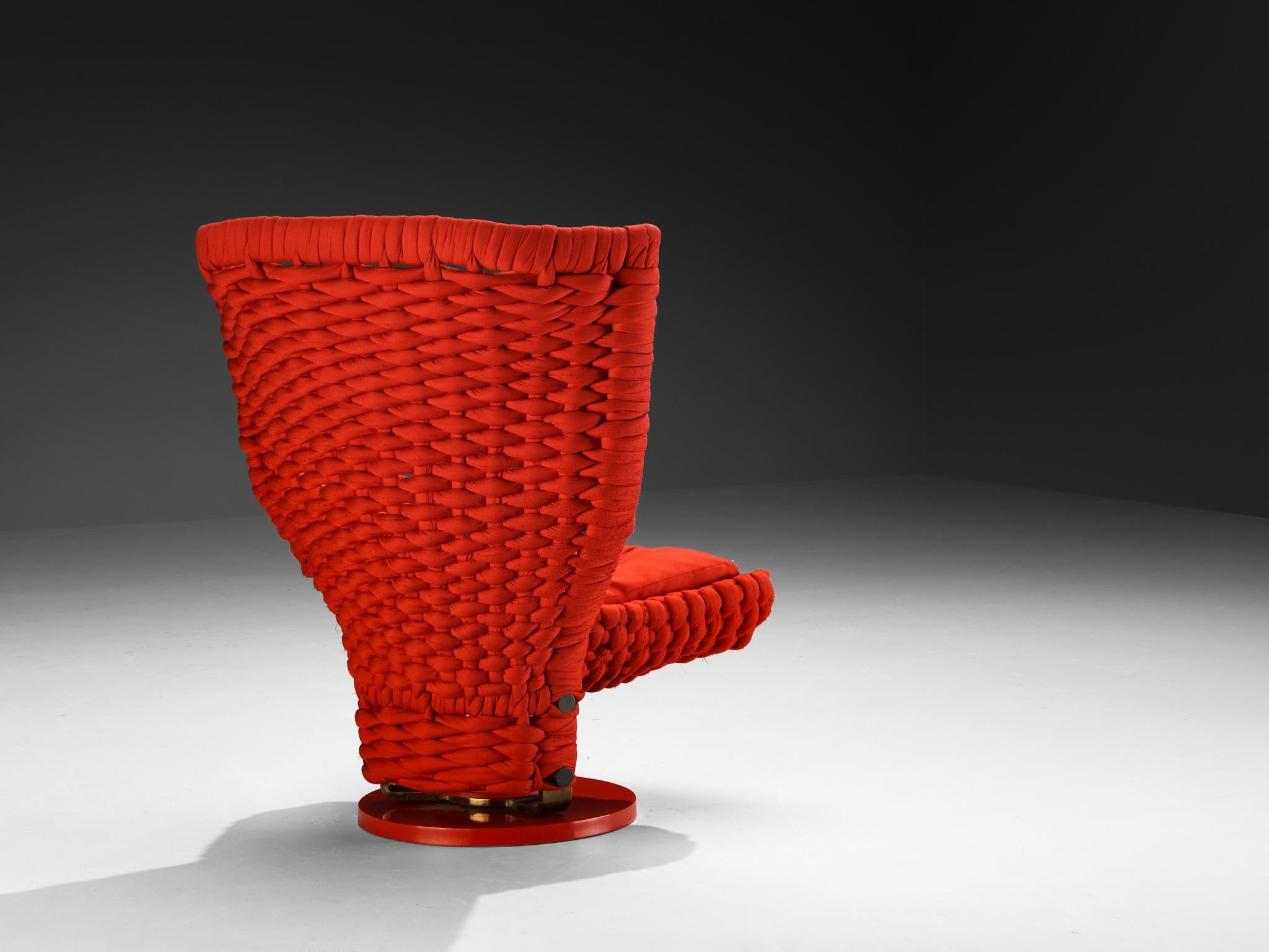 Marzio Cecchi Sculptural Swivel Lounge Chair in Red Braided Upholstery