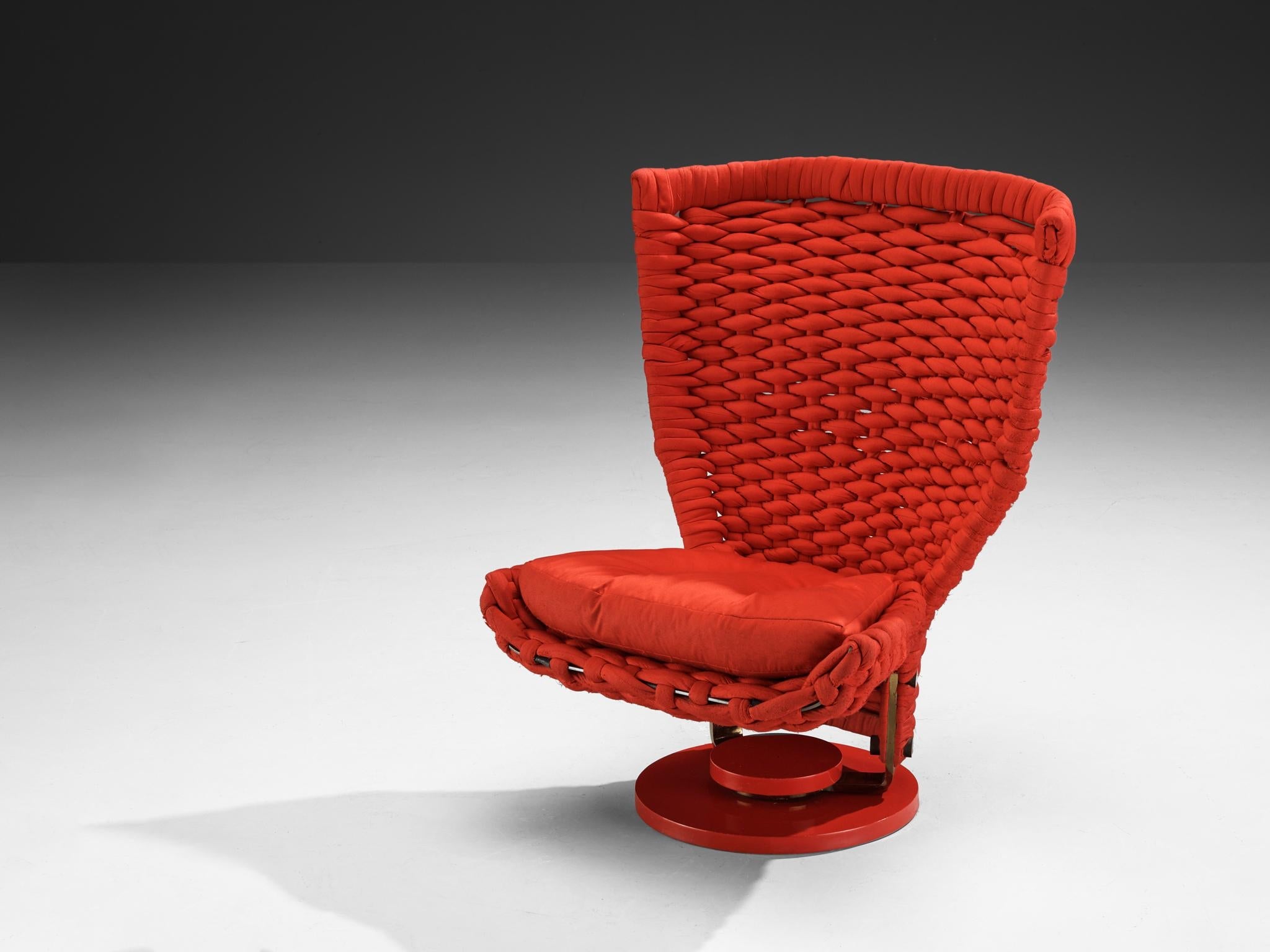 Marzio Cecchi Sculptural Swivel Lounge Chair in Red Braided Upholstery