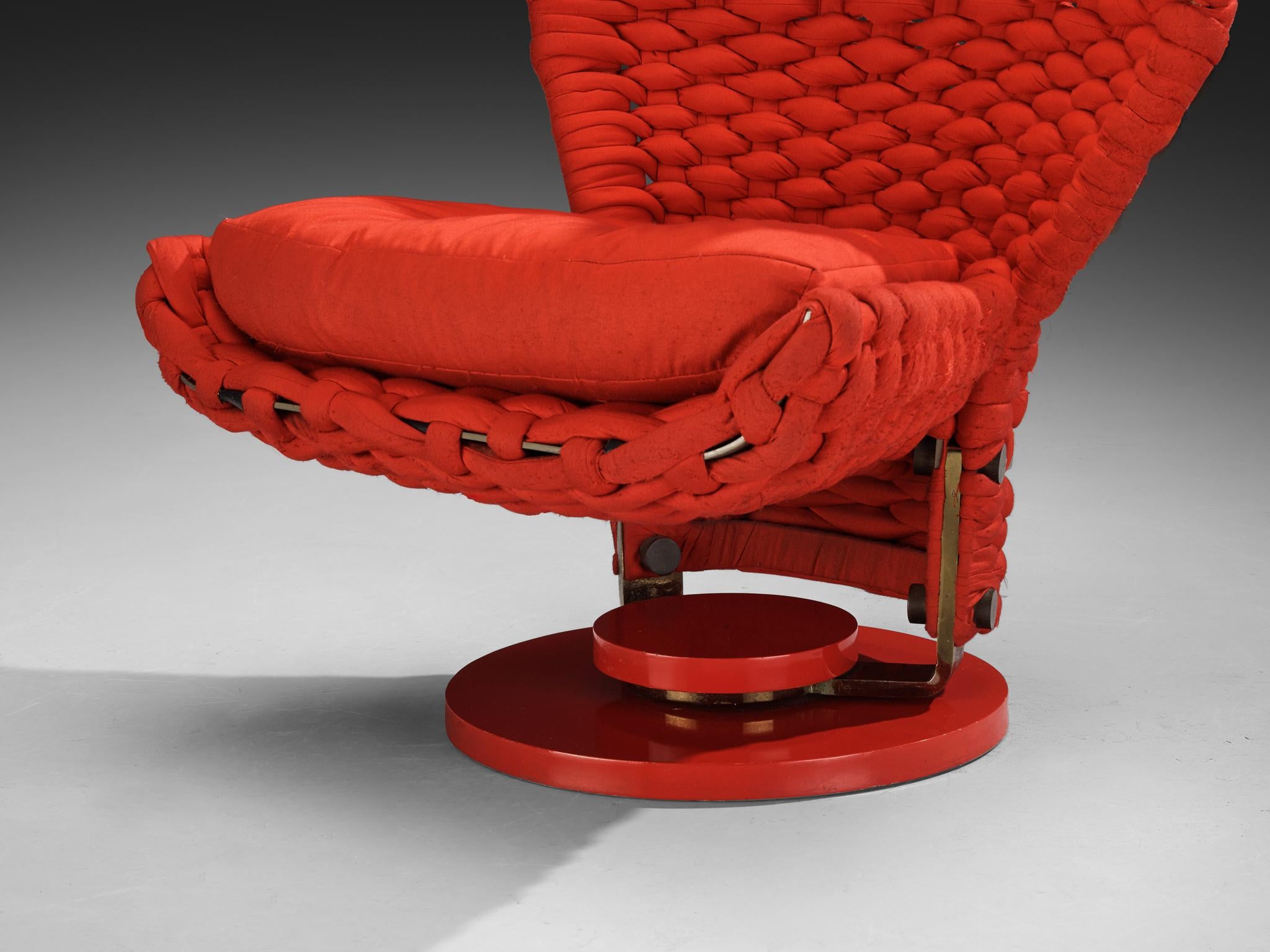 Marzio Cecchi Sculptural Swivel Lounge Chair in Red Braided Upholstery