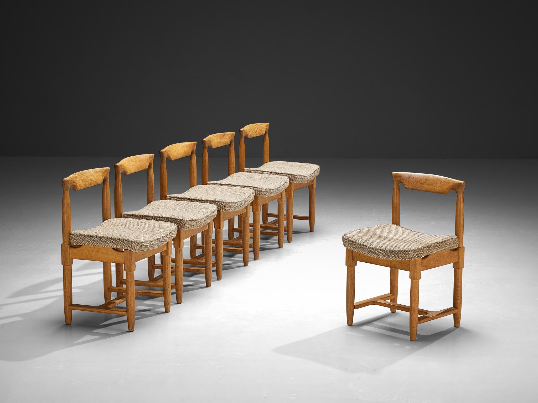 Guillerme & Chambron Set of Six Dining Chairs in Oak and Beige Fabric