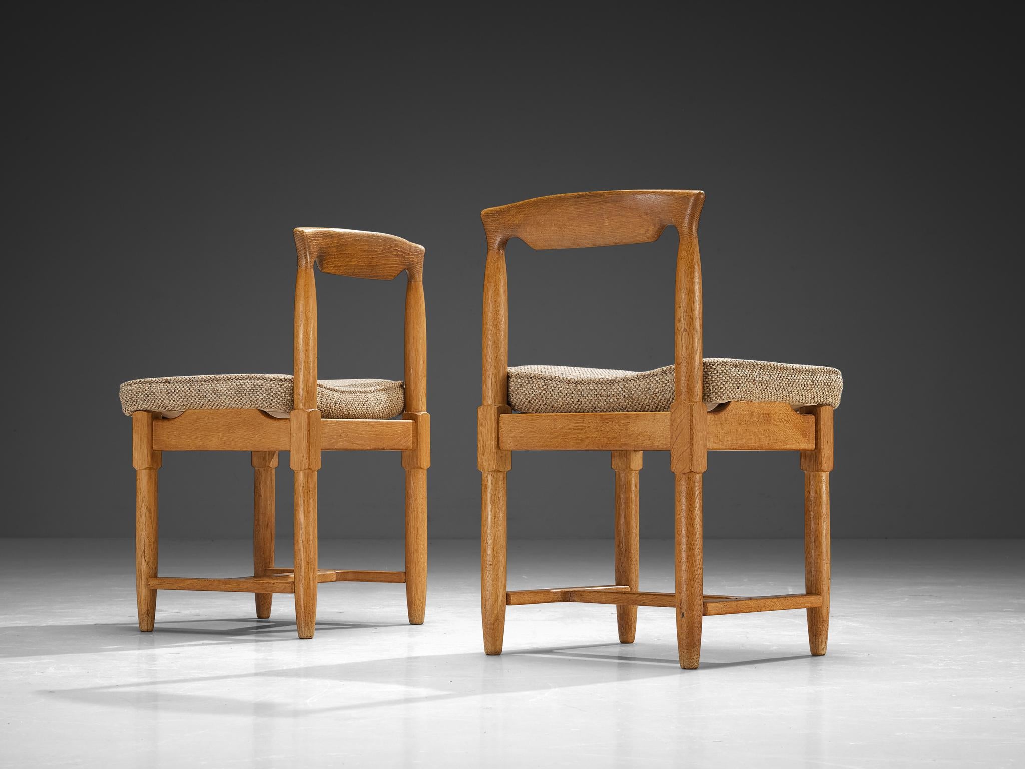 Guillerme & Chambron Set of Six Dining Chairs in Oak and Beige Fabric