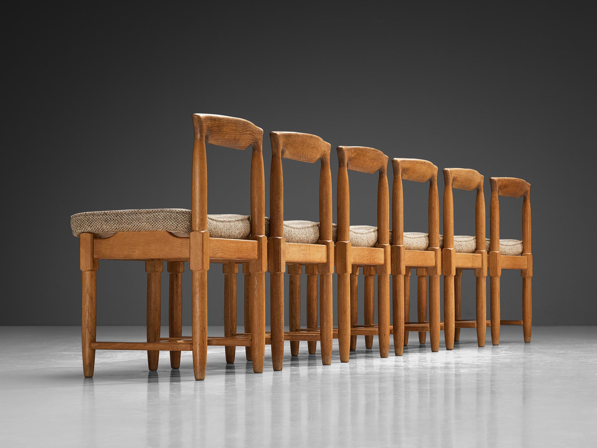 Guillerme & Chambron Set of Six Dining Chairs in Oak and Beige Fabric