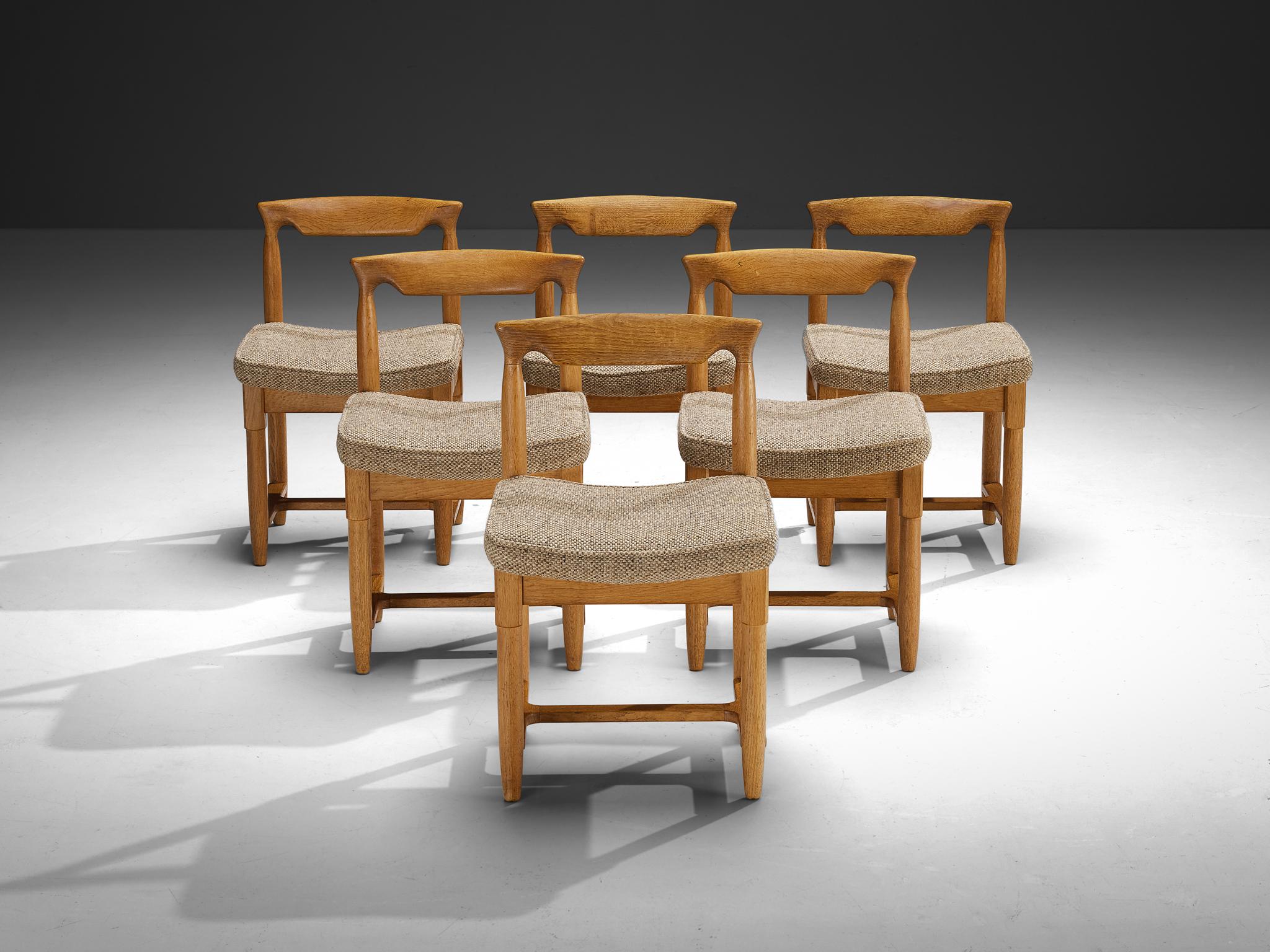 Guillerme & Chambron Set of Six Dining Chairs in Oak and Beige Fabric