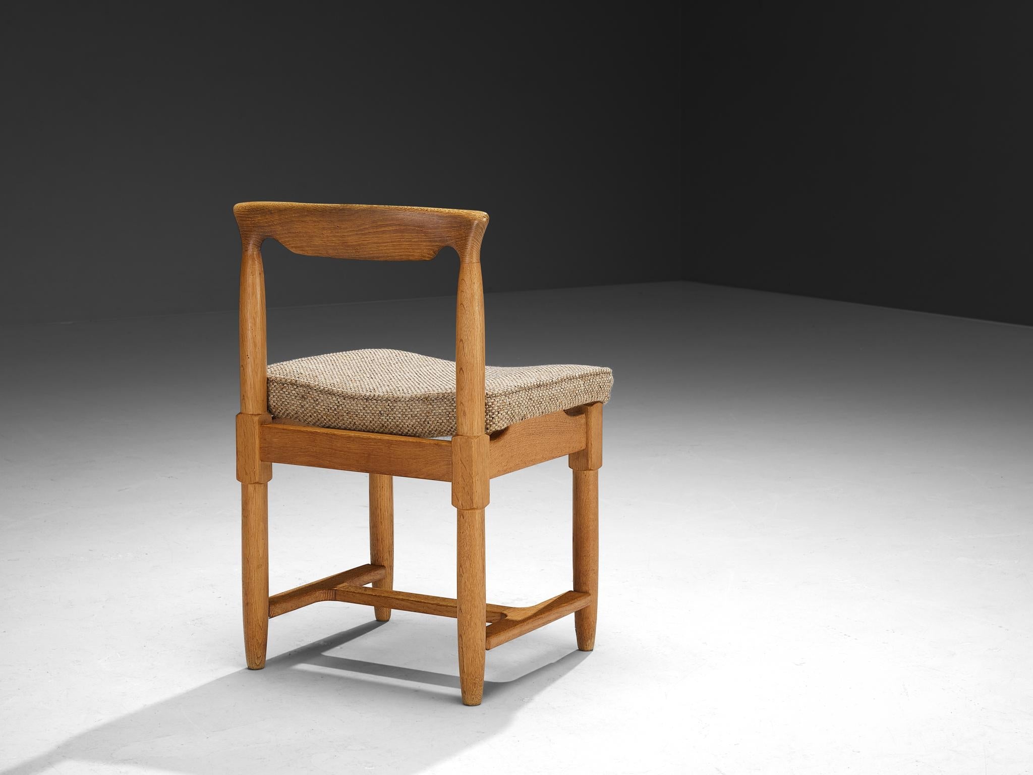 Guillerme & Chambron Set of Six Dining Chairs in Oak and Beige Fabric