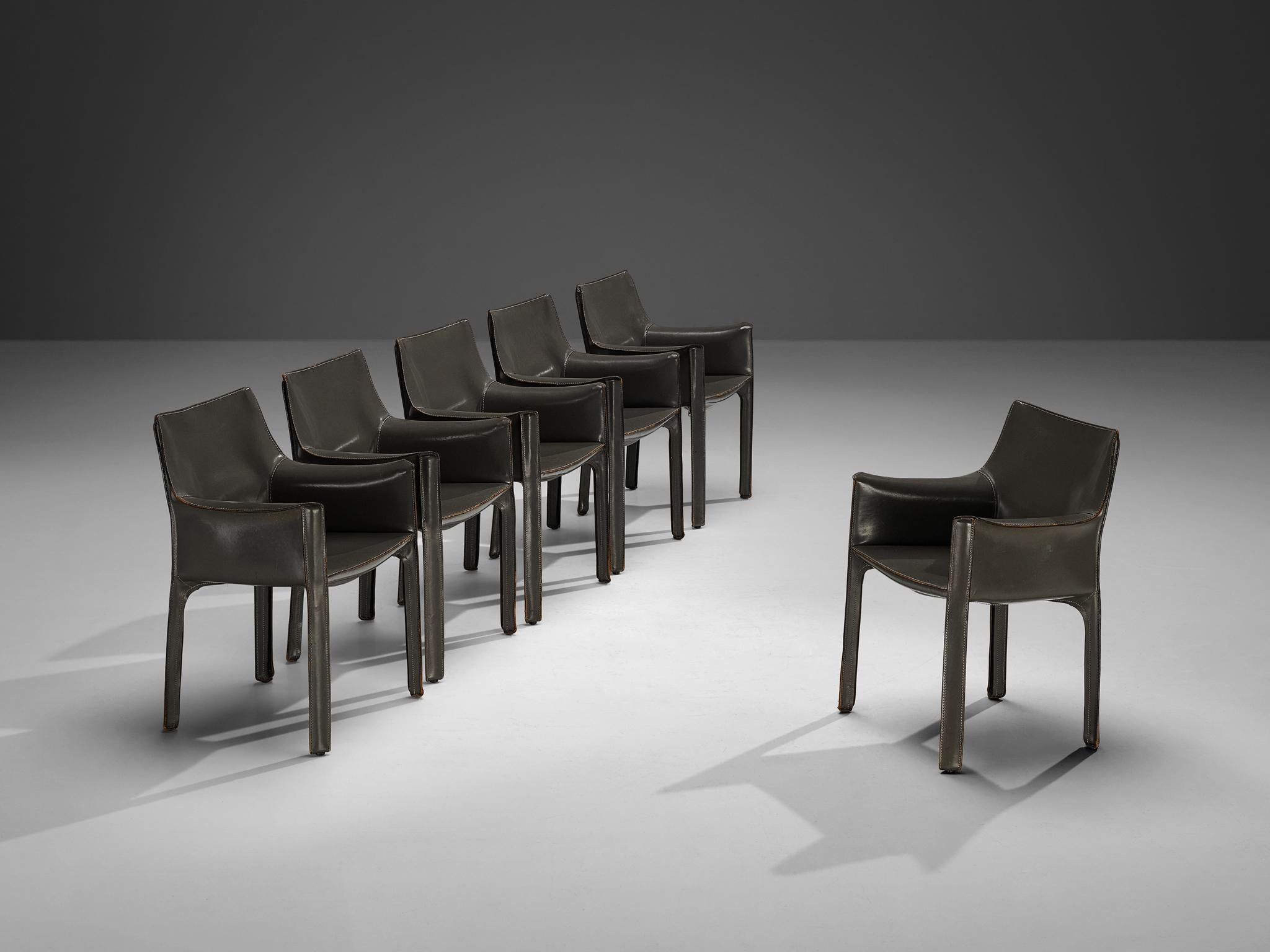 Mario Bellini for Cassina CAB 413 Set of Six Dining Chairs in Grey Leather