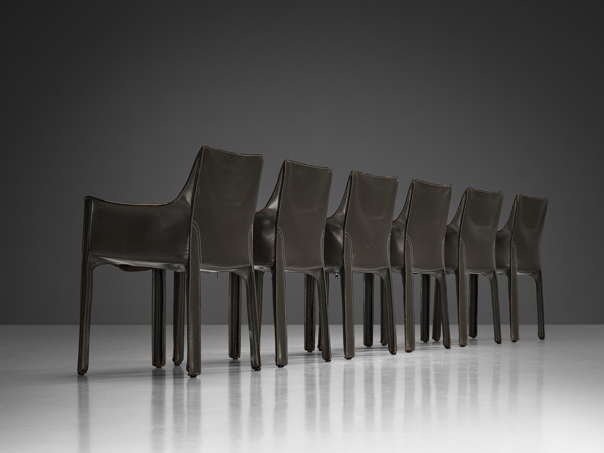 Mario Bellini for Cassina CAB 413 Set of Six Dining Chairs in Grey Leather