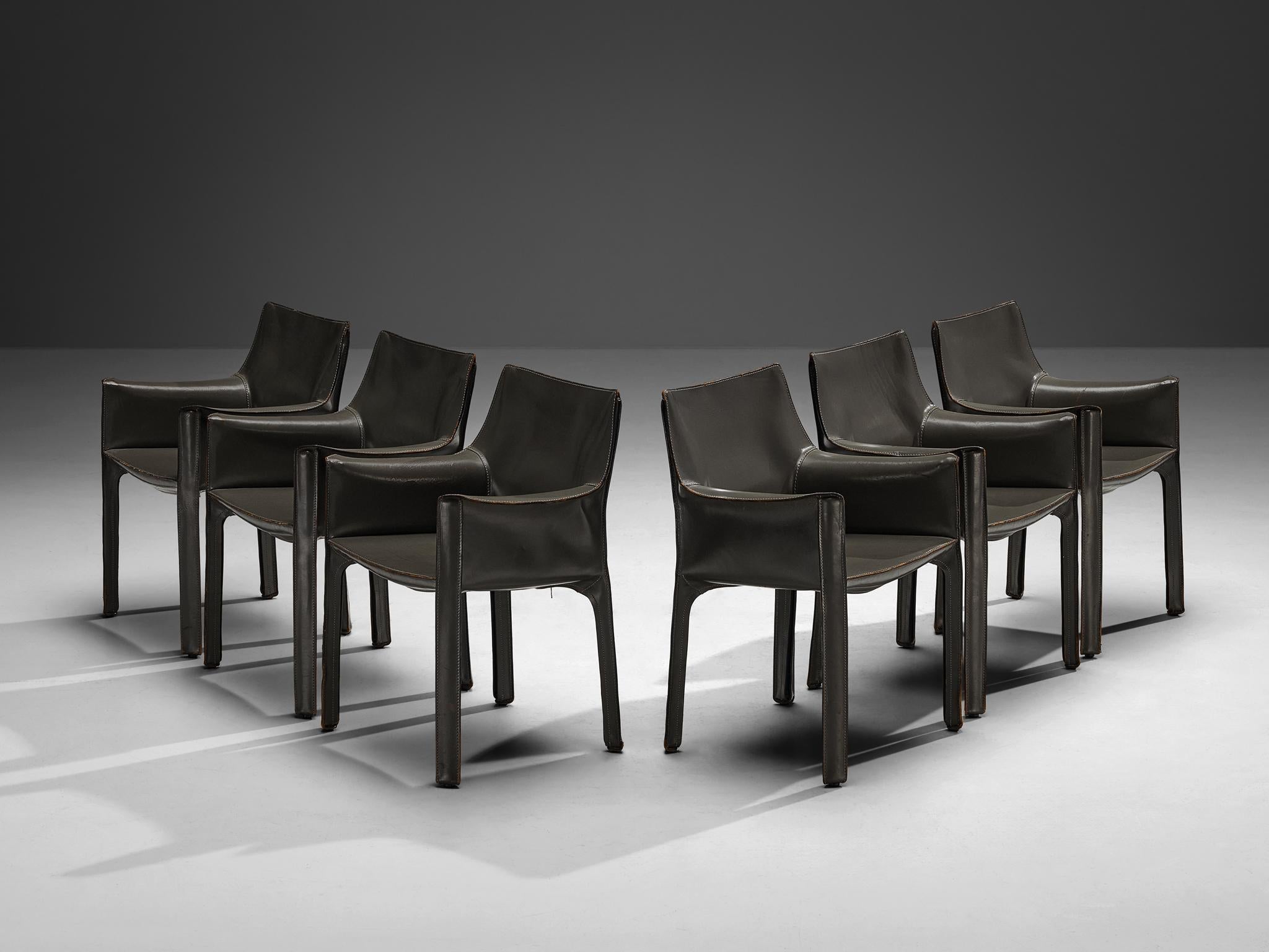 Mario Bellini for Cassina CAB 413 Set of Six Dining Chairs in Grey Leather