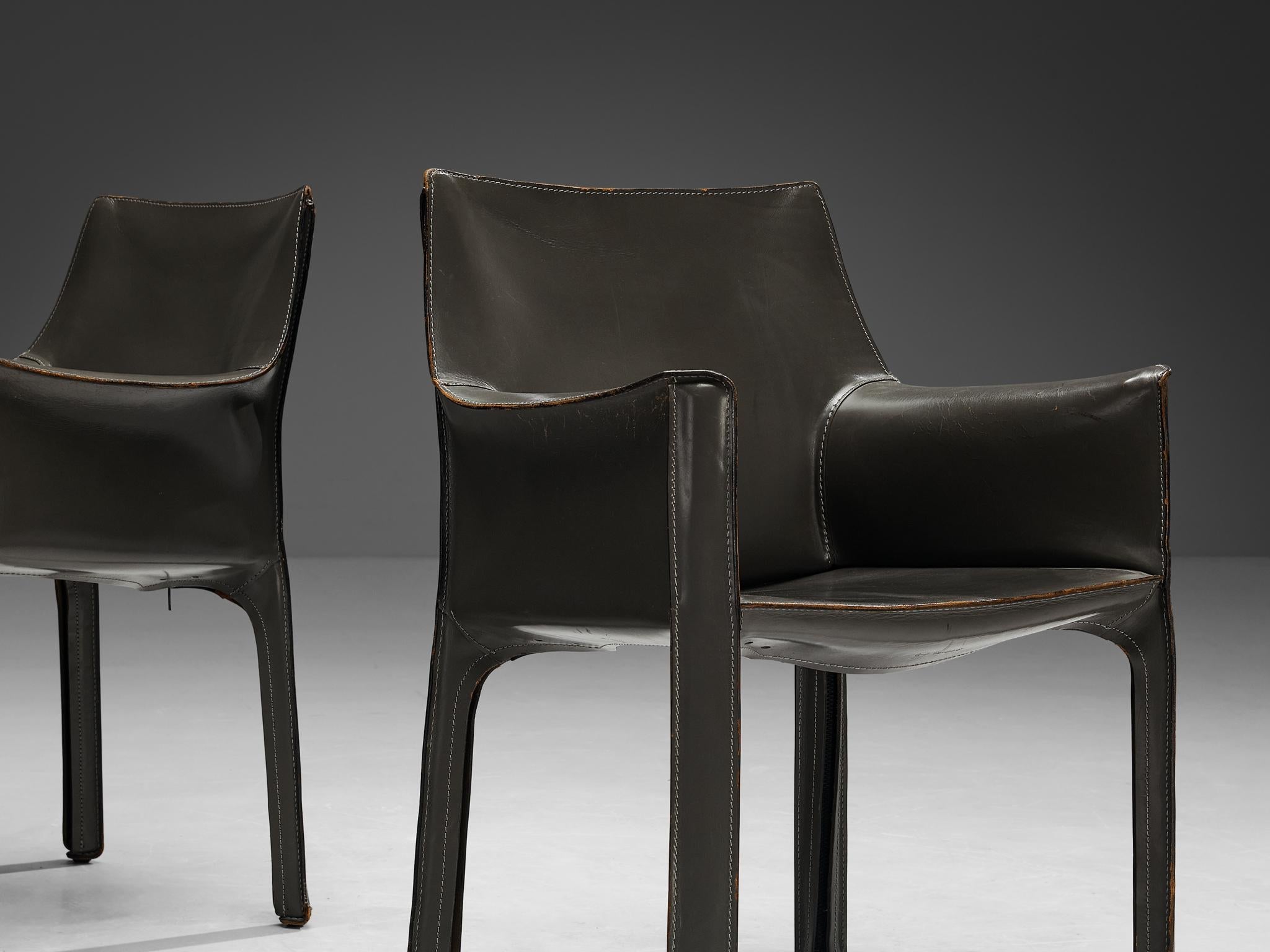 Mario Bellini for Cassina CAB 413 Set of Six Dining Chairs in Grey Leather