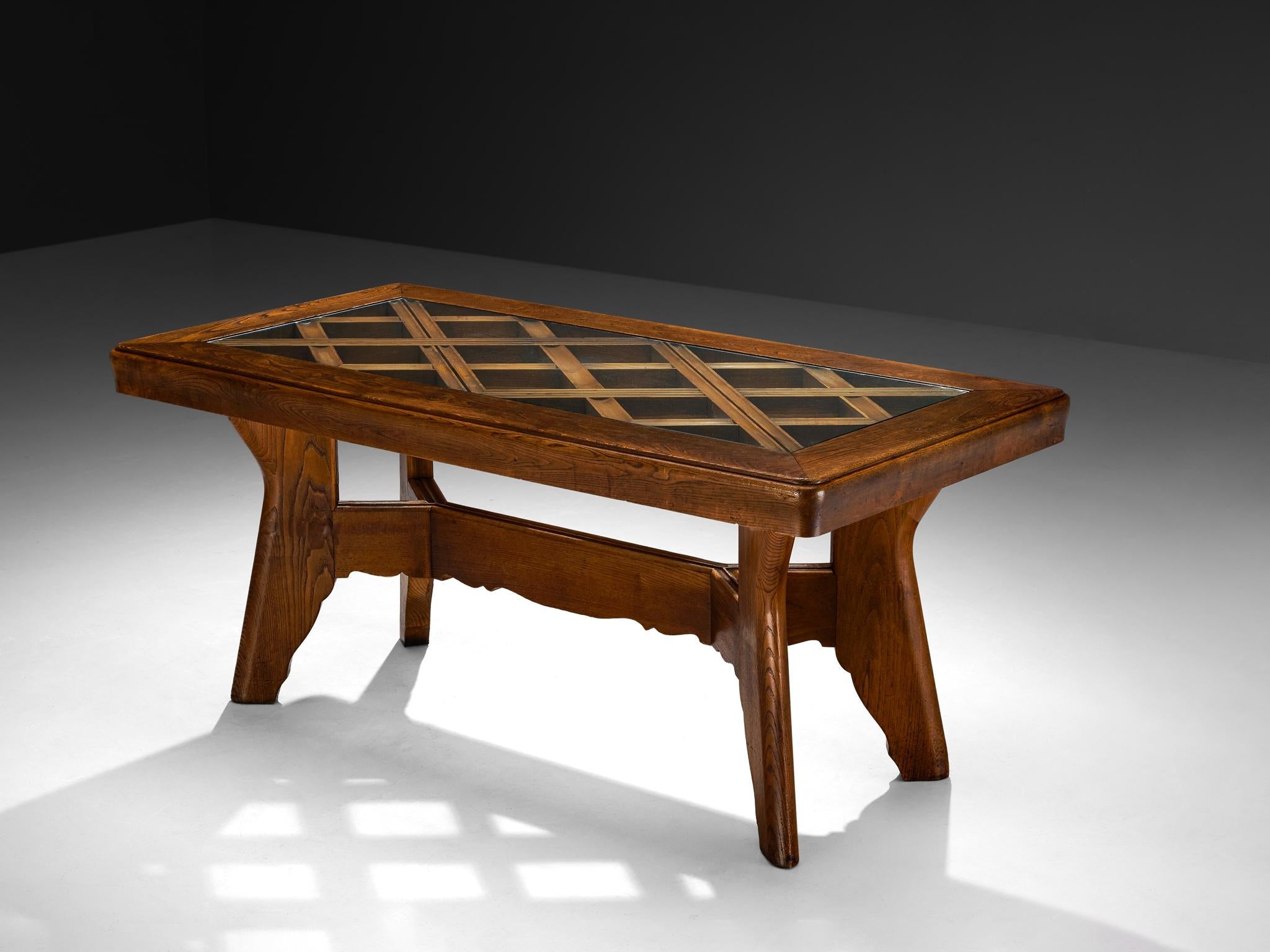 Italian Art Deco Dining Table in Chestnut and Glass