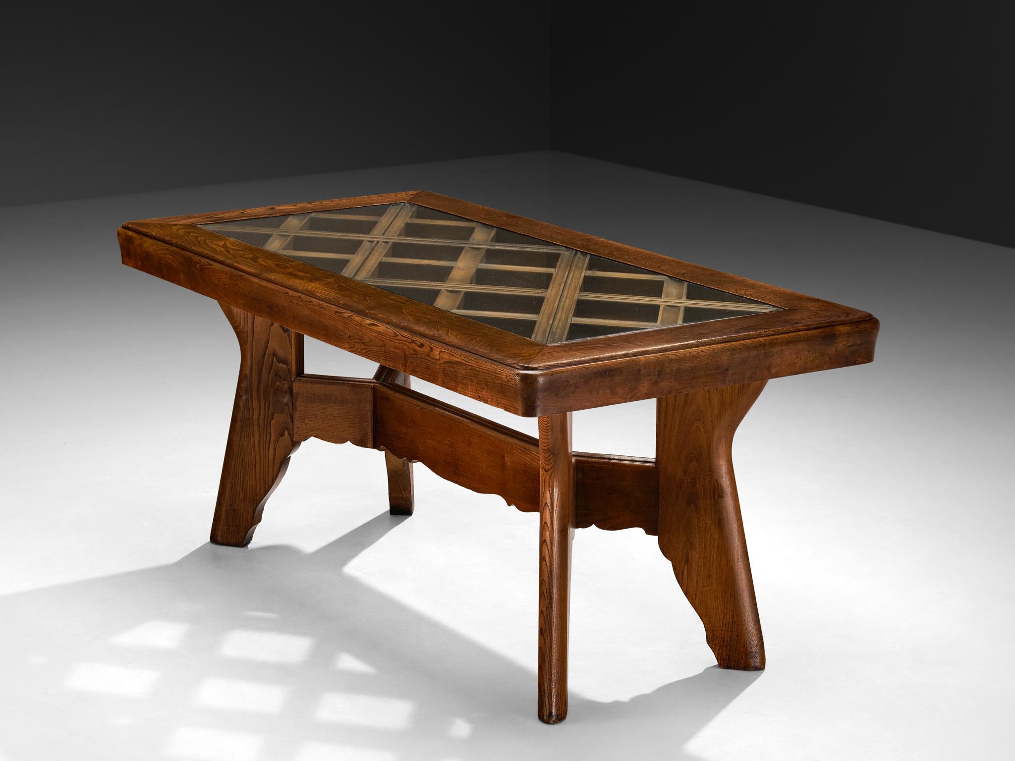 Italian Art Deco Dining Table in Chestnut and Glass