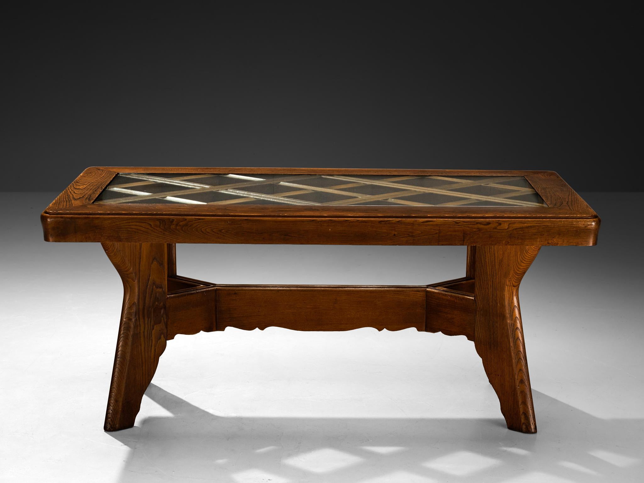 Italian Art Deco Dining Table in Chestnut and Glass