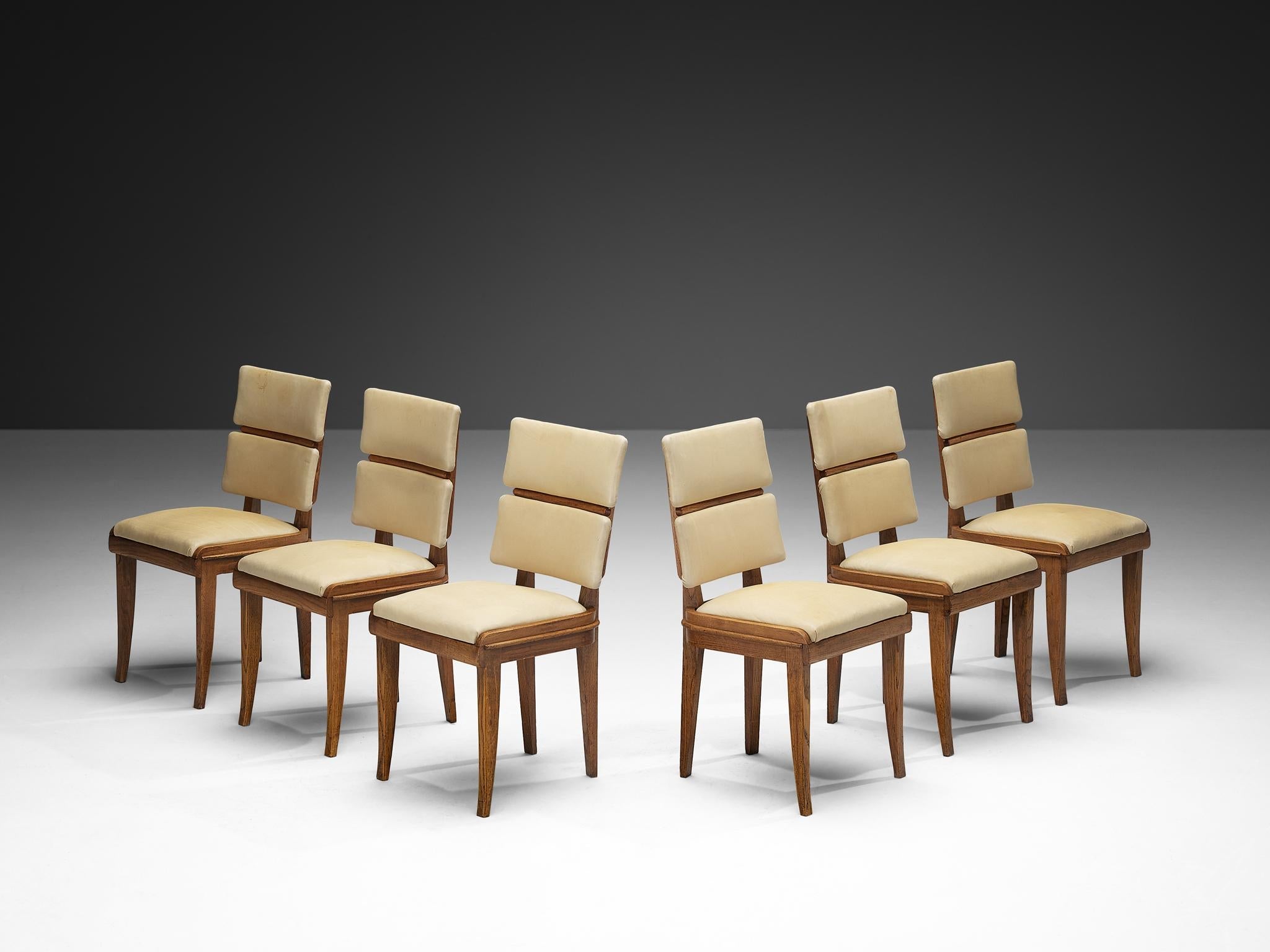 Set of Six Italian Art Deco Dining Chairs in Oak Brass & Light Beige Fabric