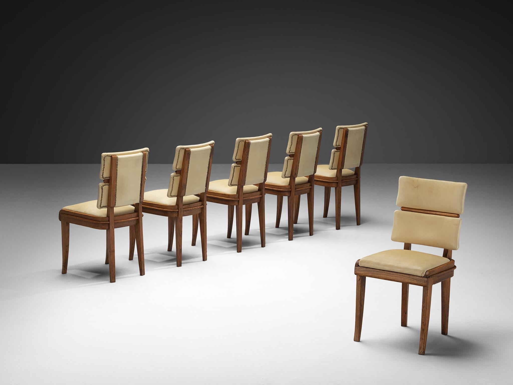 Set of Six Italian Art Deco Dining Chairs in Oak Brass & Light Beige Fabric