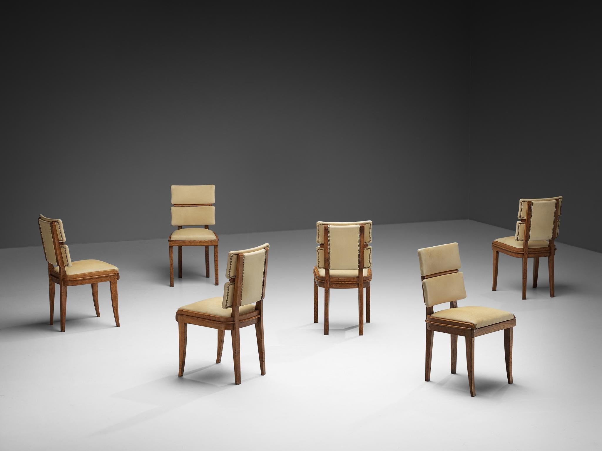 Set of Six Italian Art Deco Dining Chairs in Oak Brass & Light Beige Fabric