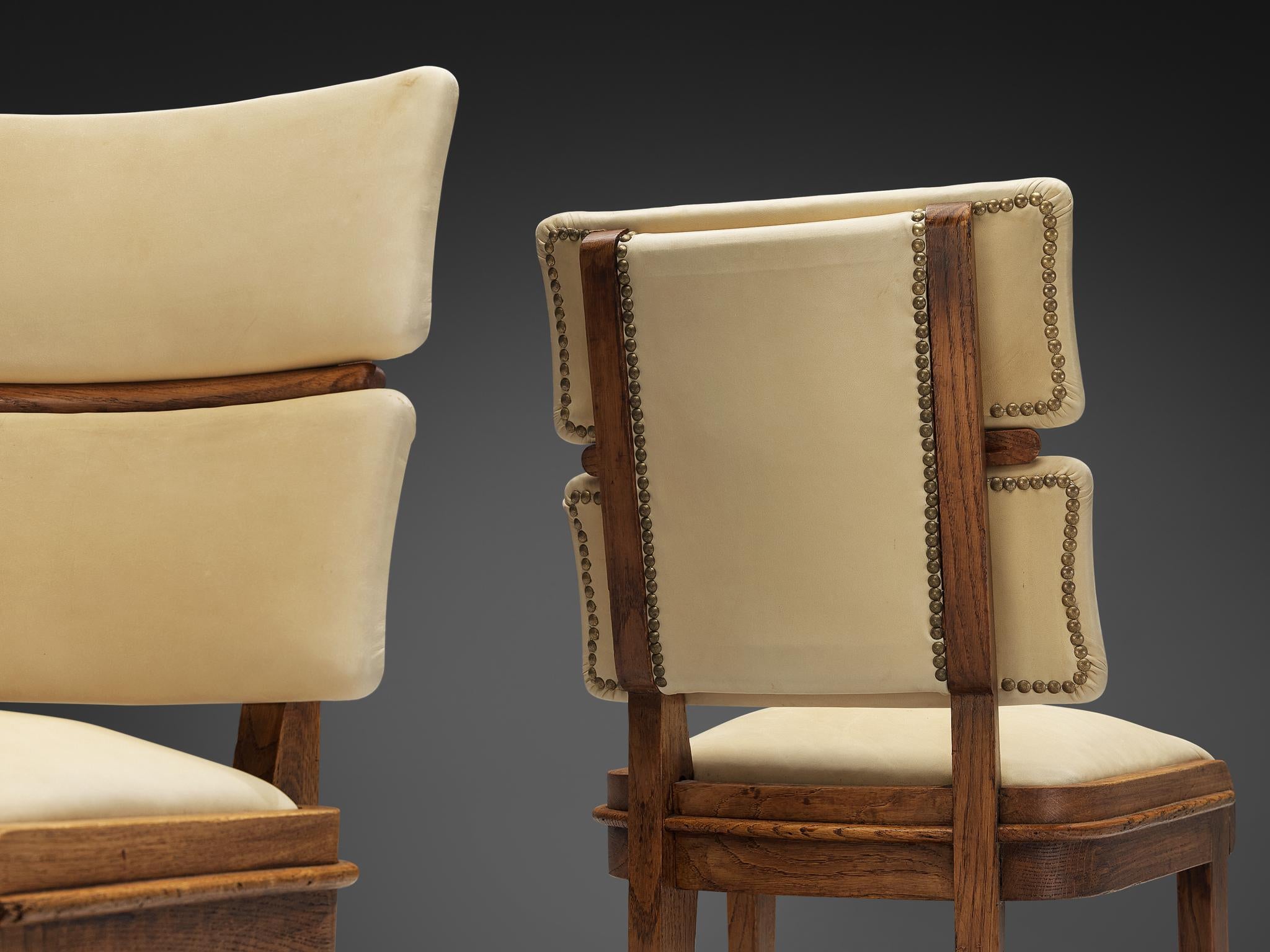 Set of Six Italian Art Deco Dining Chairs in Oak Brass & Light Beige Fabric