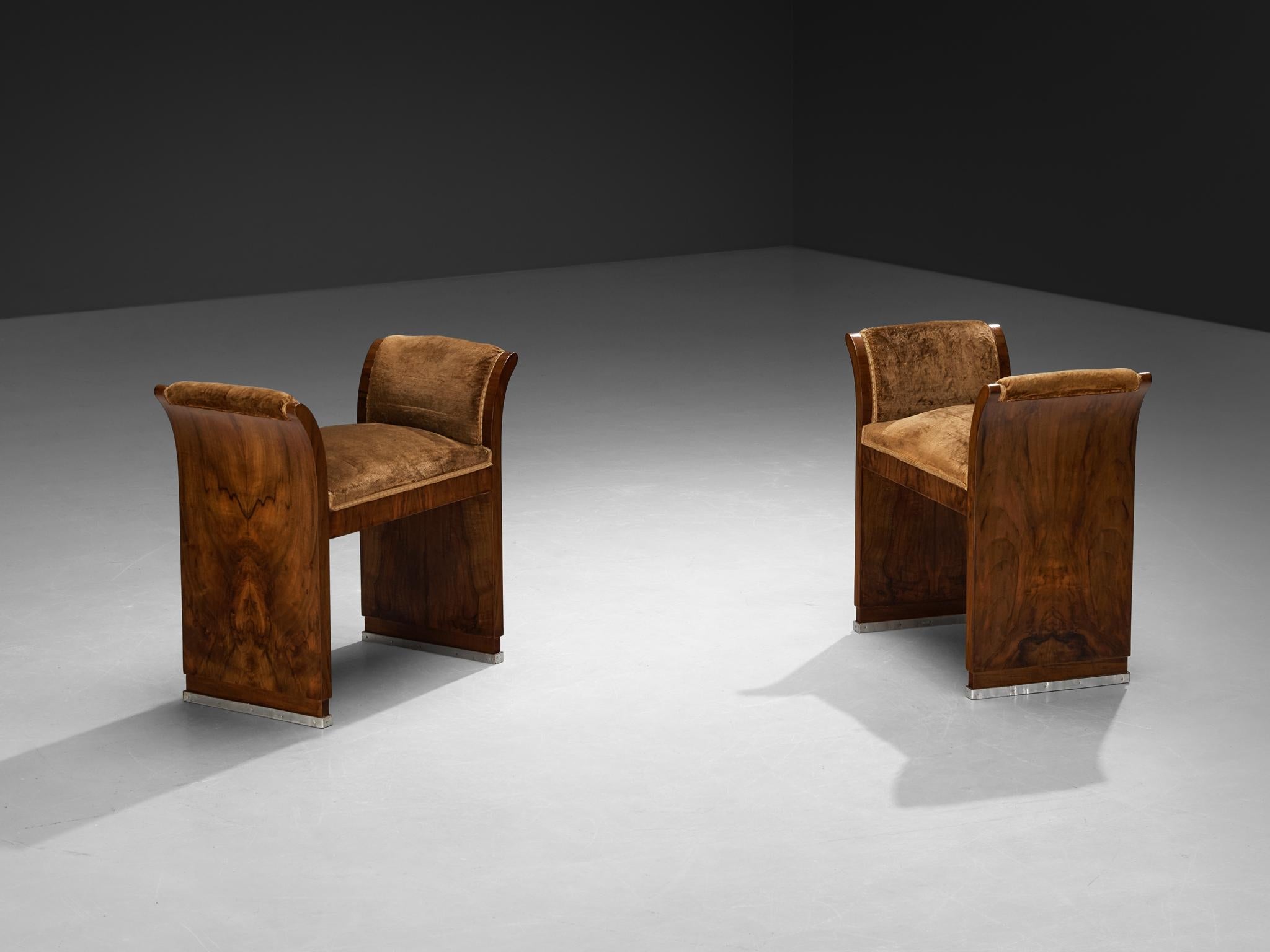 1930s Italian Art Deco Side Chairs or Stools in Walnut and Velvet