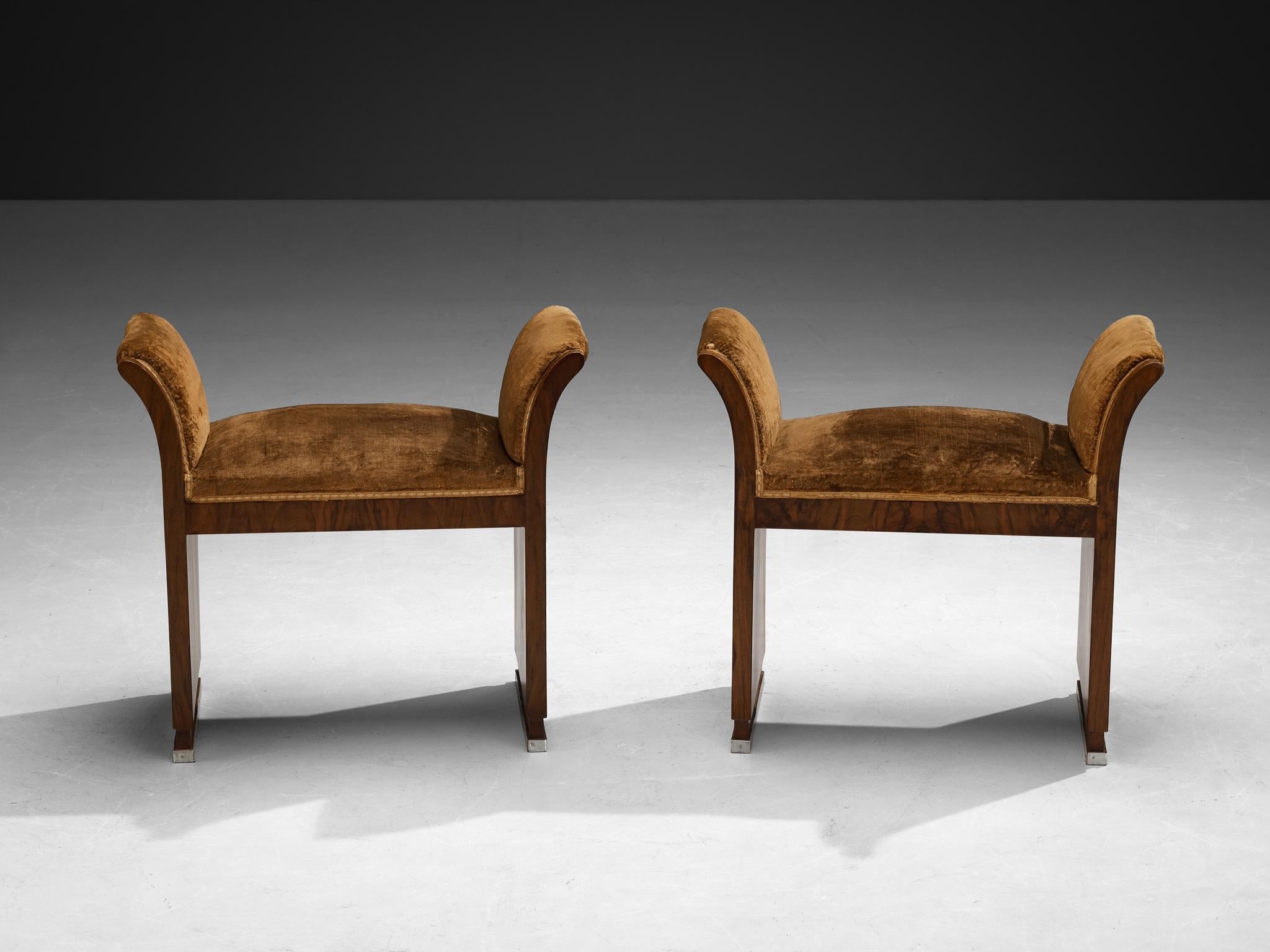 1930s Italian Art Deco Side Chairs or Stools in Walnut and Velvet