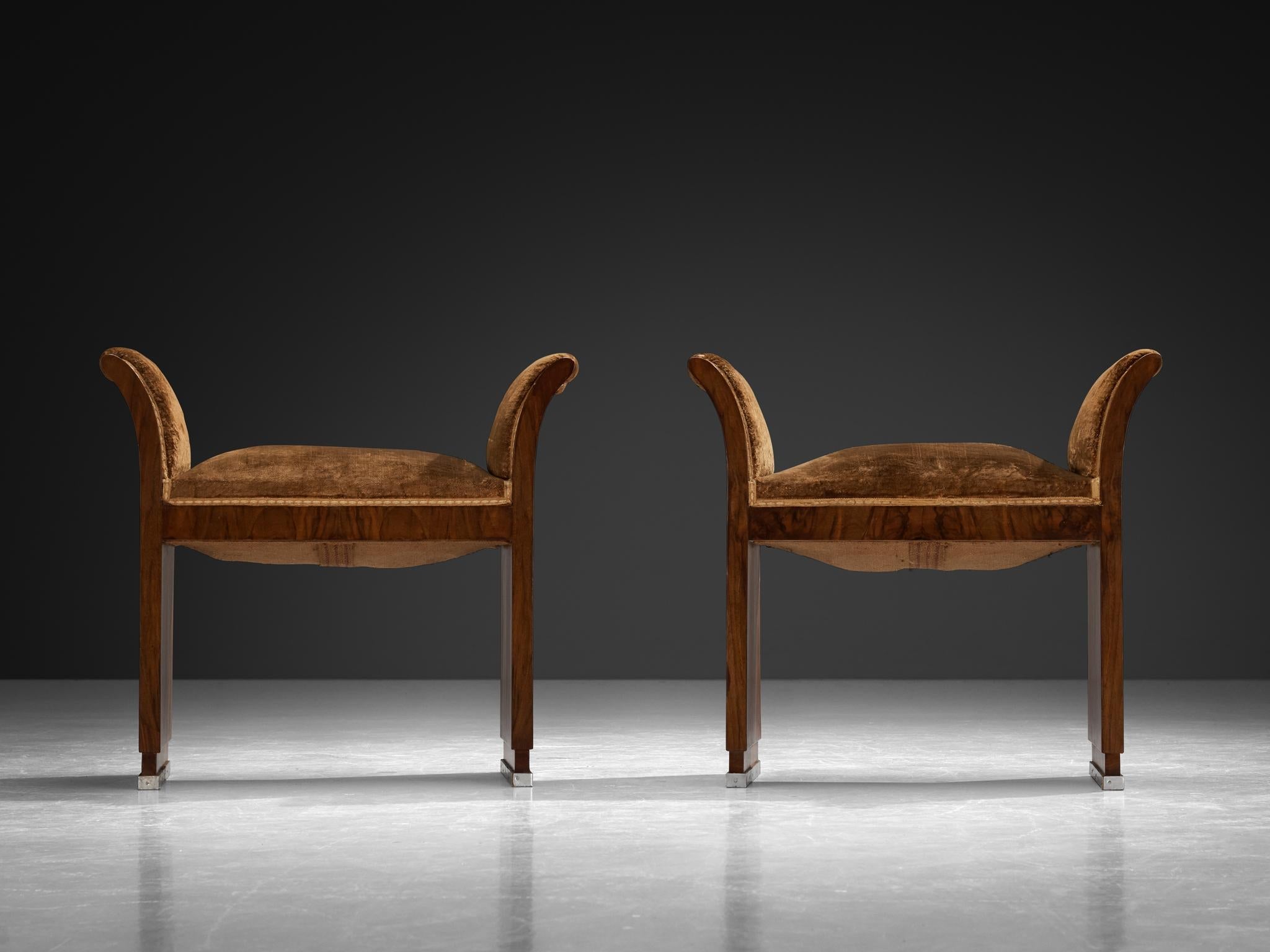 1930s Italian Art Deco Side Chairs or Stools in Walnut and Velvet