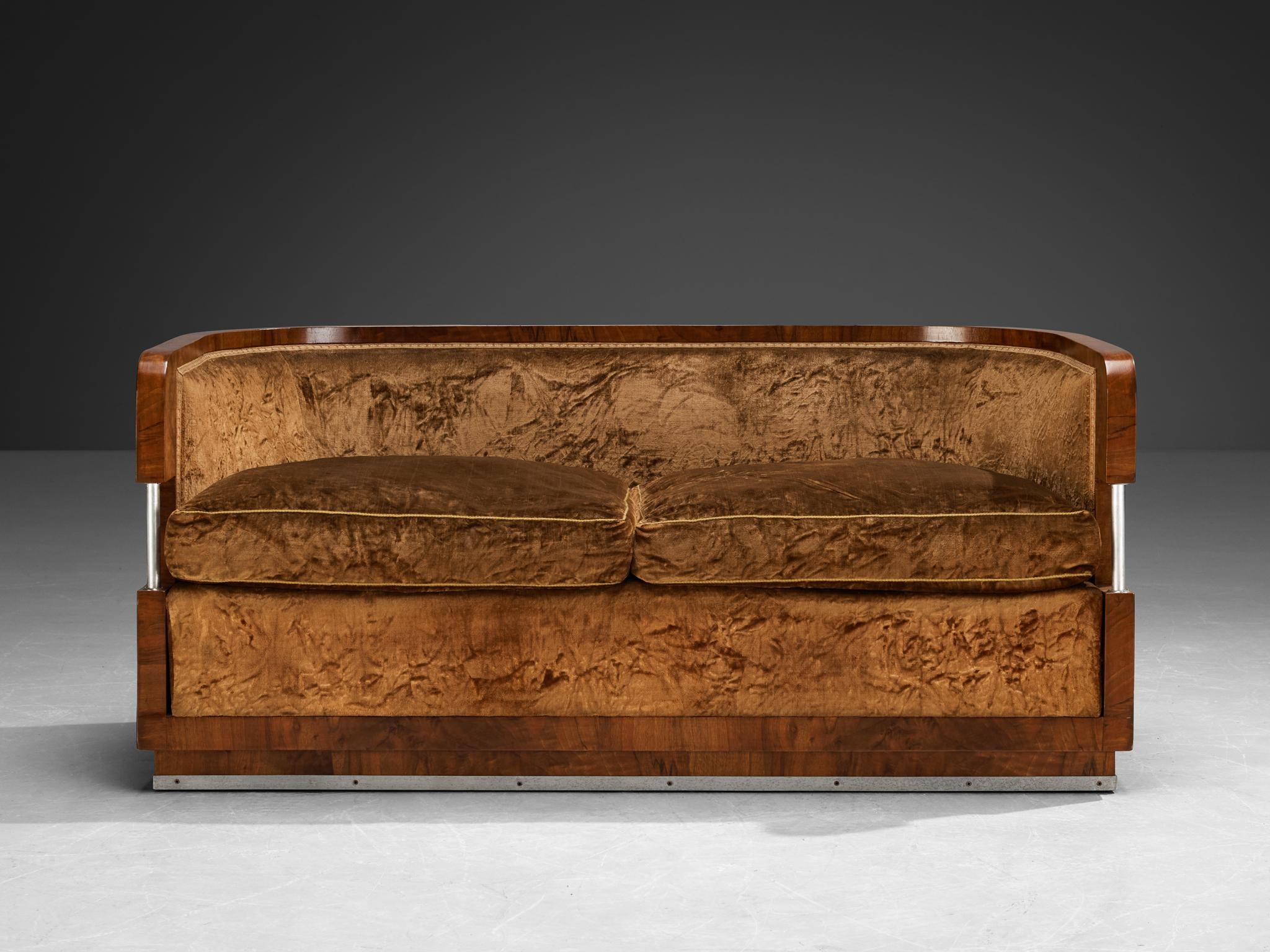 1930s Curved Italian Art Deco Sofa in Walnut Brown Velvet and Metal Details