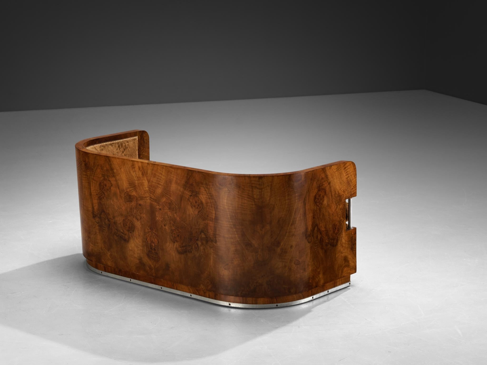 1930s Curved Italian Art Deco Sofa in Walnut Brown Velvet and Metal Details