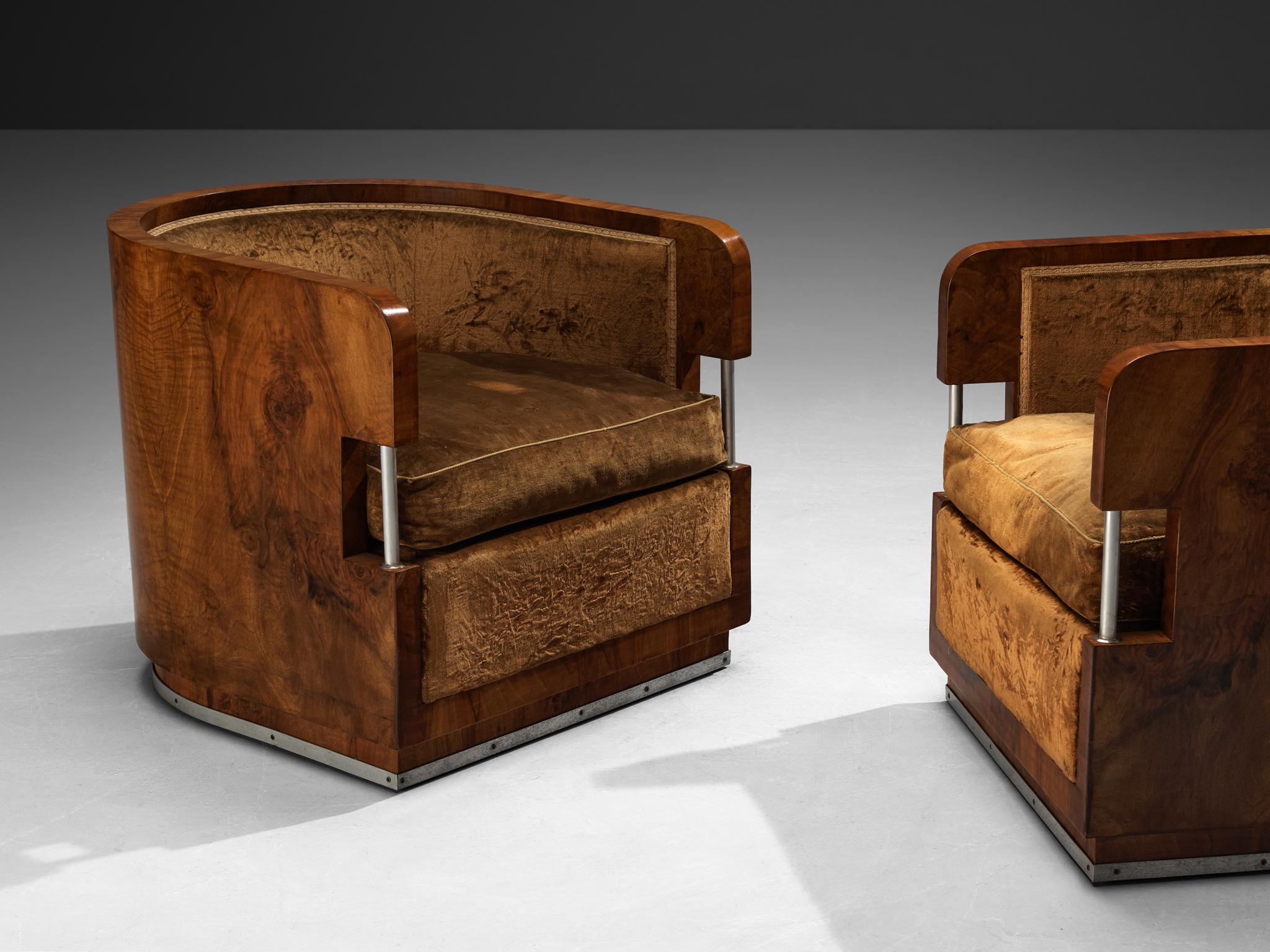 1930s Curved Italian Art Deco Pair of Club Chairs in Walnut and Velvet