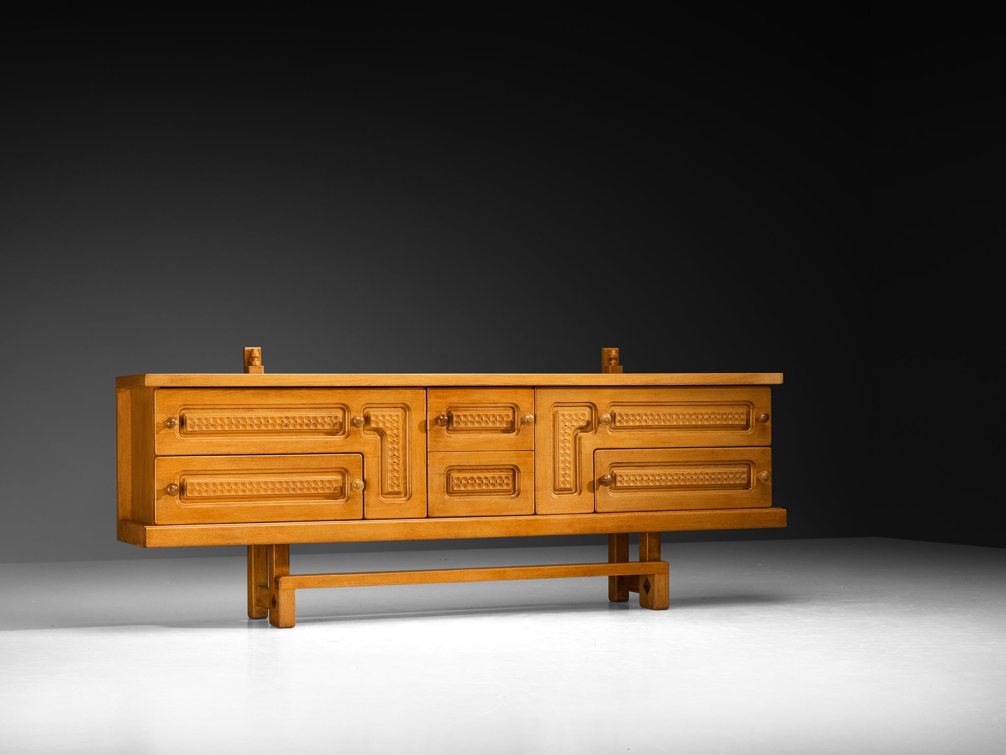 Guillerme & Chambron Angular Carved Sideboard in Solid Oak